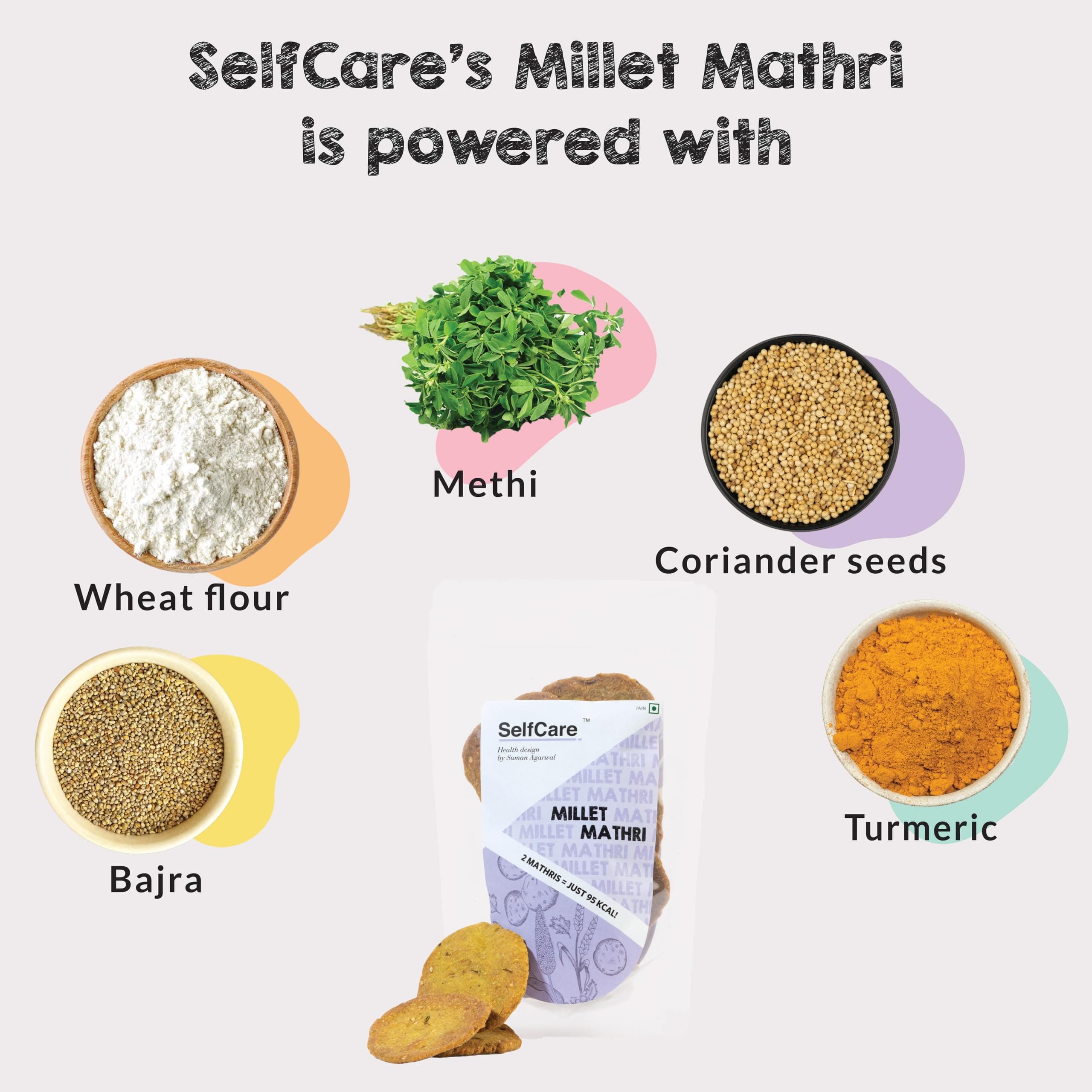SelfCare By Suman Agarwal Millet Mathri Pack of 1 125g | Vegan - Gluten Free - Fiber Rich | Savoury - Snacks - Namkeen - Grocery | Mid Day - Workout - Tea time Snacking | Jain & Travel Friendly — image 2
