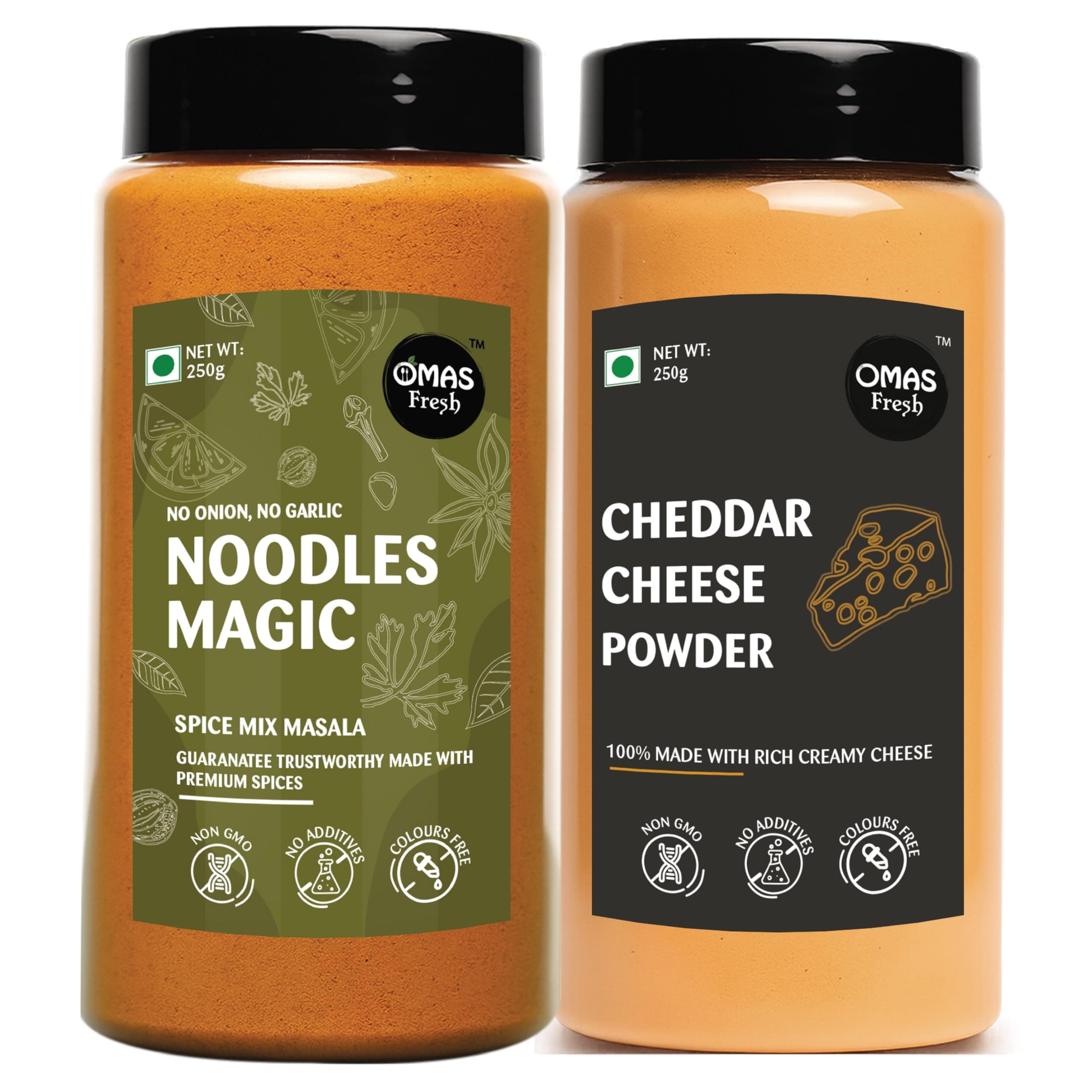Omas Fresh No Onion No Garlic Noodles Magic Masala & Cheddar Cheese Powder | 250g × 2 Seasoning Combo Pack | Creamy & Spicy Flavours for Pasta, Snacks & Daily Cooking — image 2