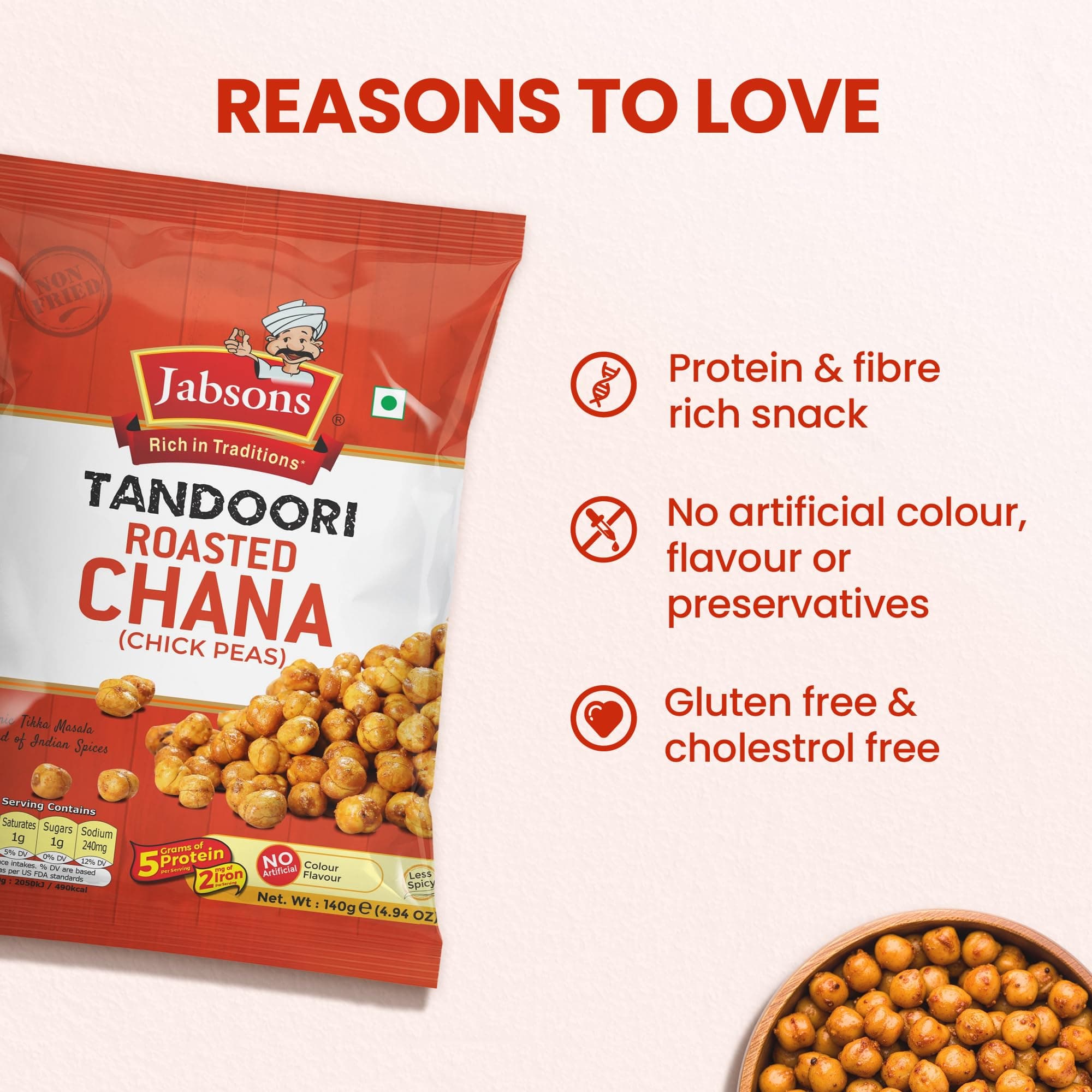 Jabsons Roasted Chana Tandoori Flavour - 140gm With No Onion & Garlic | Desi Roasted Namkeen Snacks| Gluten-Free Crunchy Protein Snack | Tandoori Bhuna Chana - Ready to Eat — image 4