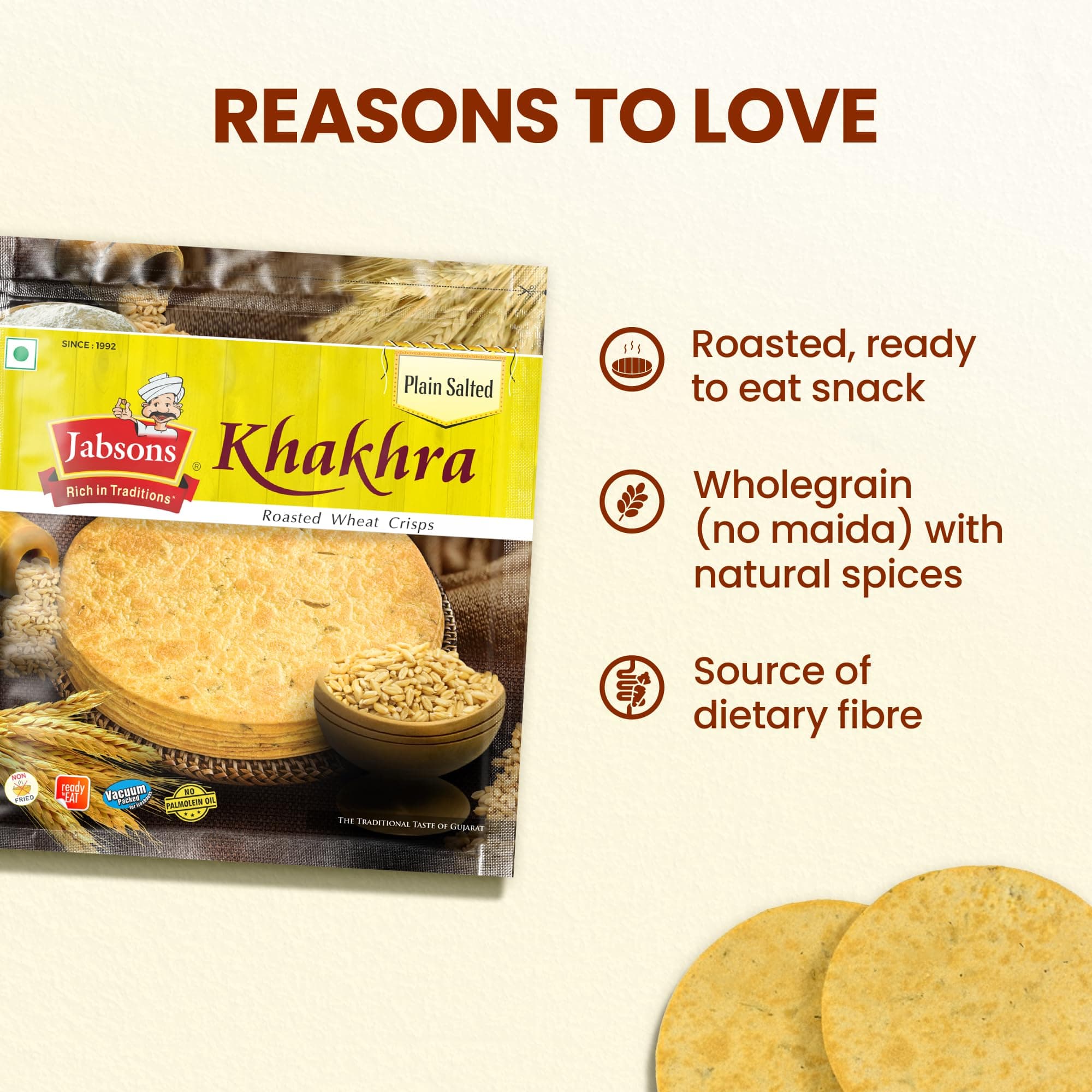 Jabsons Plain Salted Khakhra 100% Roasted | No onion No Garlic | Ready To Eat Vacuum Packed Tea Time Snack | Crispy Diet Friendly Khakhra | Gujarati Traditional Healthy Snacks 180 gm (Pack of 1) — image 4