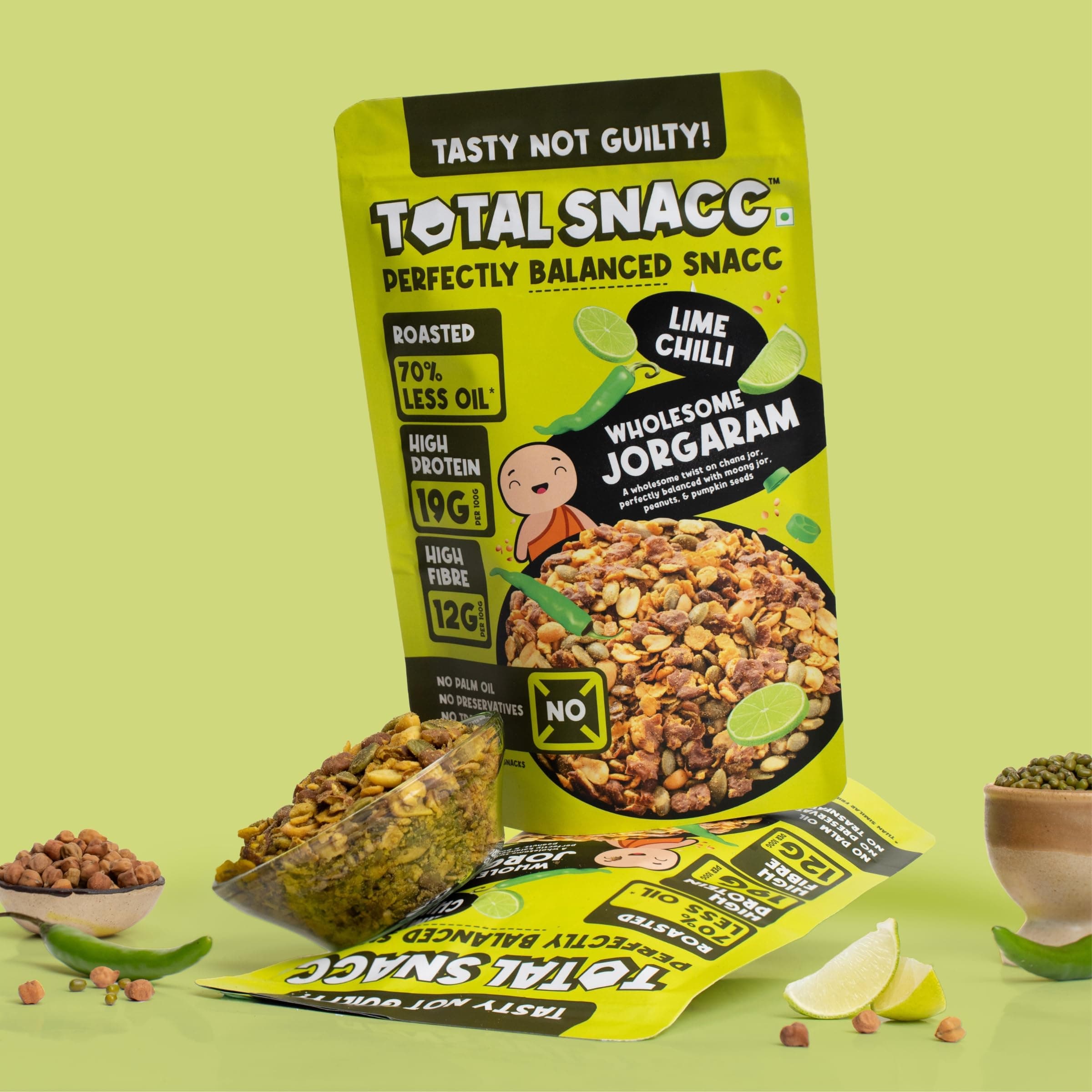 TOTAL SNACC Wholesome Jorgaram Lime Chilli (125g x 2) | High Protein 19g | High Fibre 12g | Roasted Not Fried | 70% Less Oil | No Palm Oil | High Protein Snacks | Baked Namkeen Mix | Healthy Snacks | No Preservatives | Diabetic Friendly | a mix of chana jor, moong jor, peanuts, & pumpkin seeds — image 6