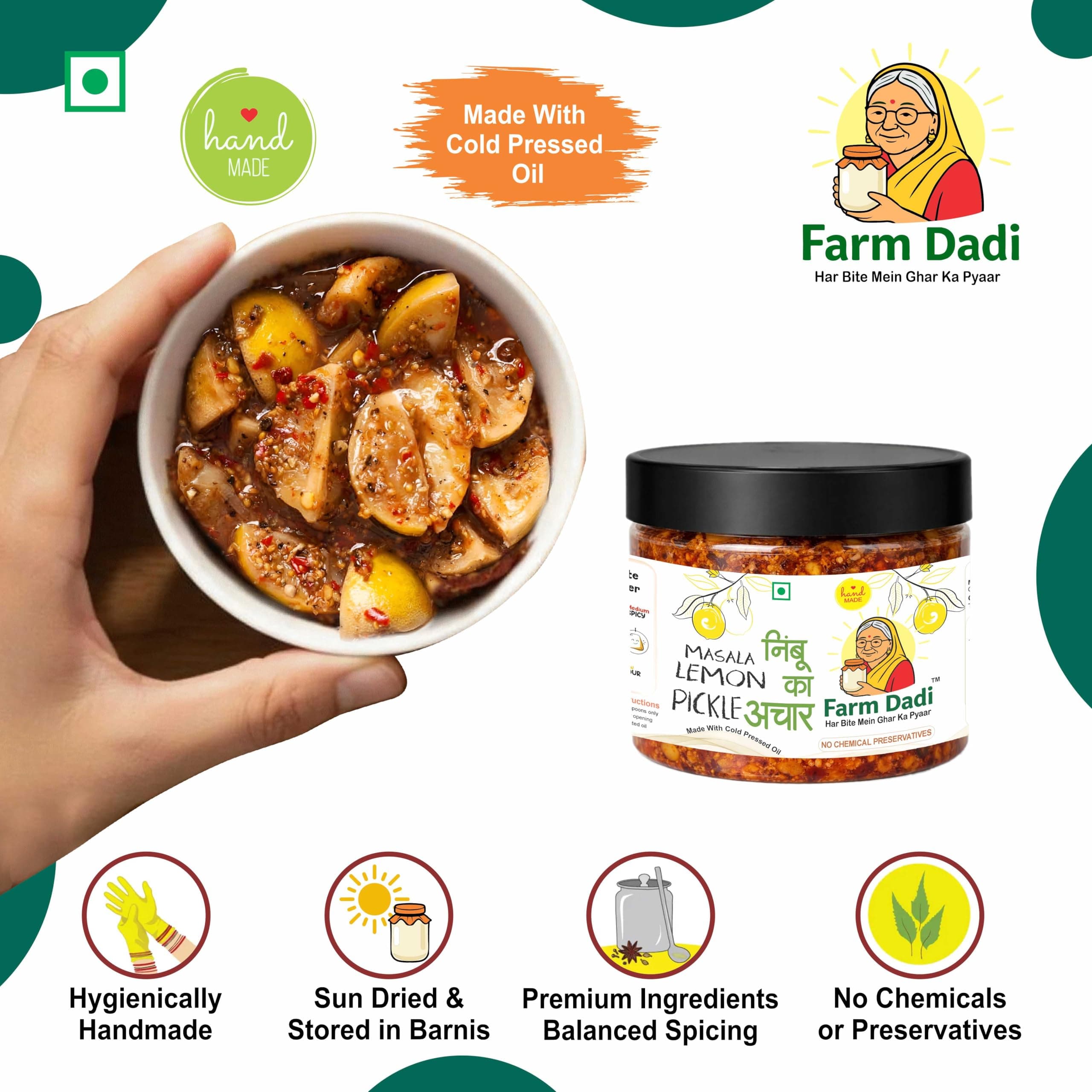 FarmDadi Masala Lemon Pickle 350g Organic | Indian Homemade Nimbu ka Achar with No Onion & Garlic | Masala & Sour Oil-Free Pickle | Traditional Grandma-Style Recipe | Organically Processed — image 2
