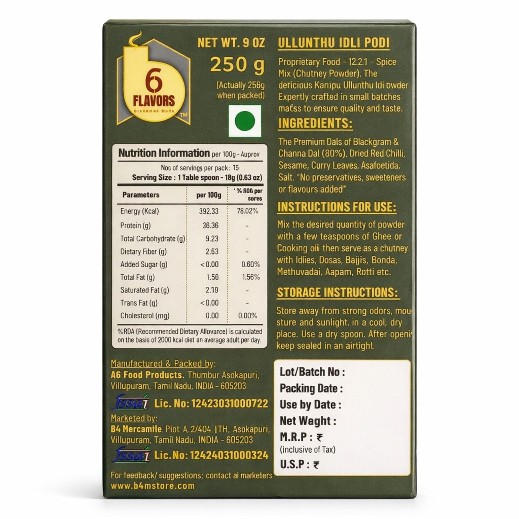 6Flavors Ullundhu Podi Powder 250g | Black Gram Podi Powder | South Indian Chutney Powder for Idli, Dosa & Rice | Protein Rich Traditional Podi Masala | No Onion No Garlic No Preservatives — image 2