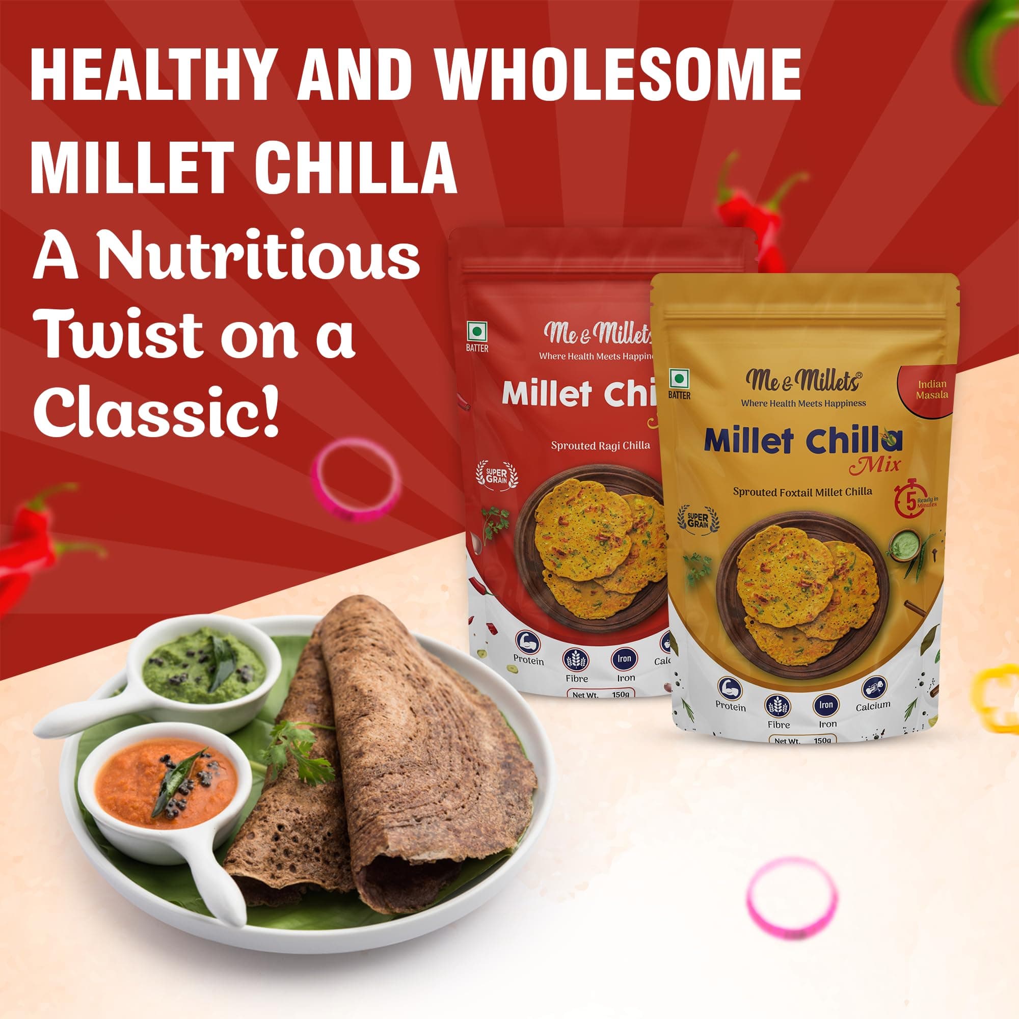 ME & MILLETS Sprouted Ragi Chilla & Foxtail Millet Chilla Mix Combo (150gX2) - Chatpata & Indian Masala, No Preservatives, Natural Healthy Protein & Fiber-Rich Breakfast For Family (Jain Friendly) — image 4