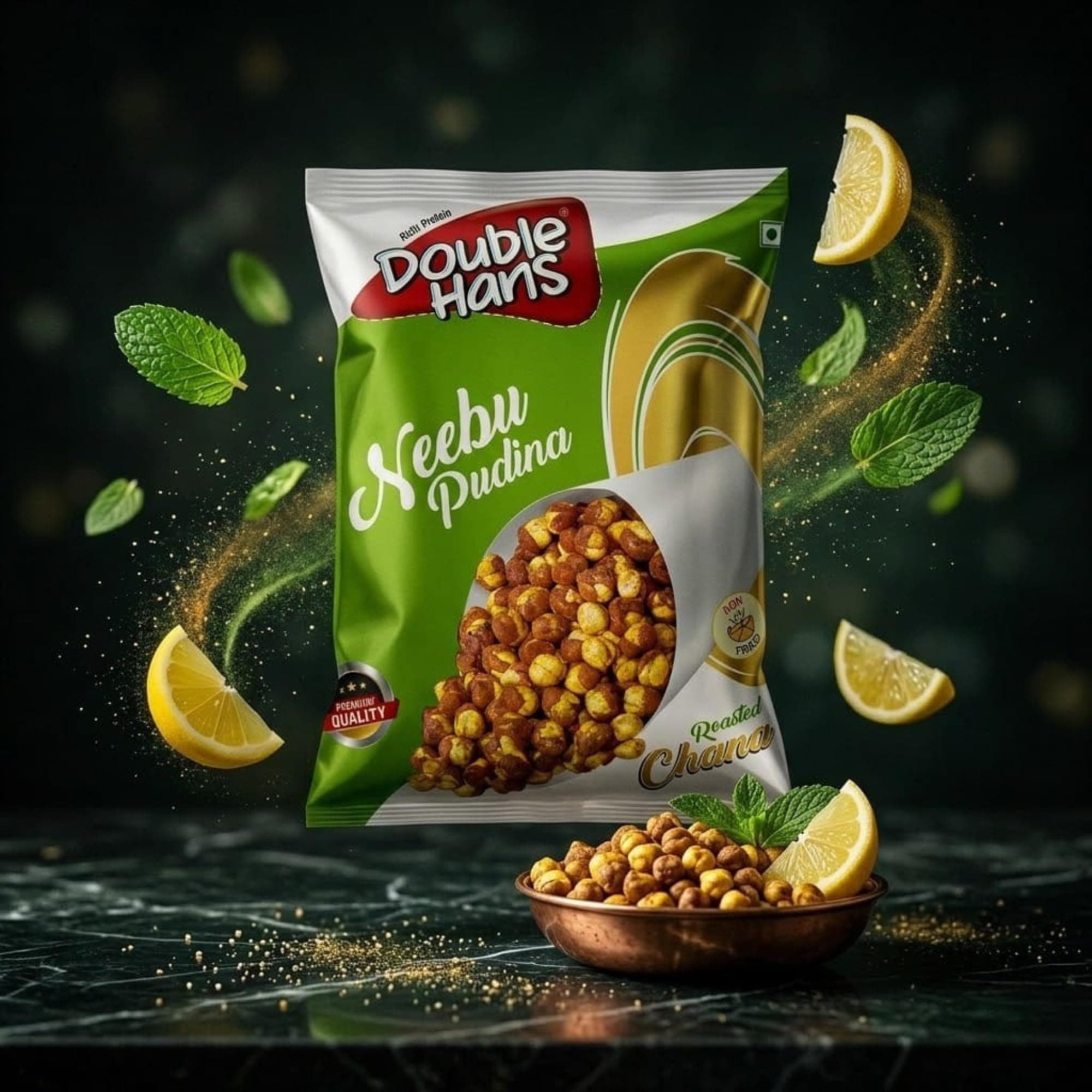 Double Hans Nimbu Pudina Roasted Chana, Desi Chickpeas with Skin, Non Fried Crunchy, High Protein, No Onion No Garlic, Gluten Free Vegan Namkeen, Lemon Mint Flavoured, Ready to Eat Snacks, 500gm — image 3