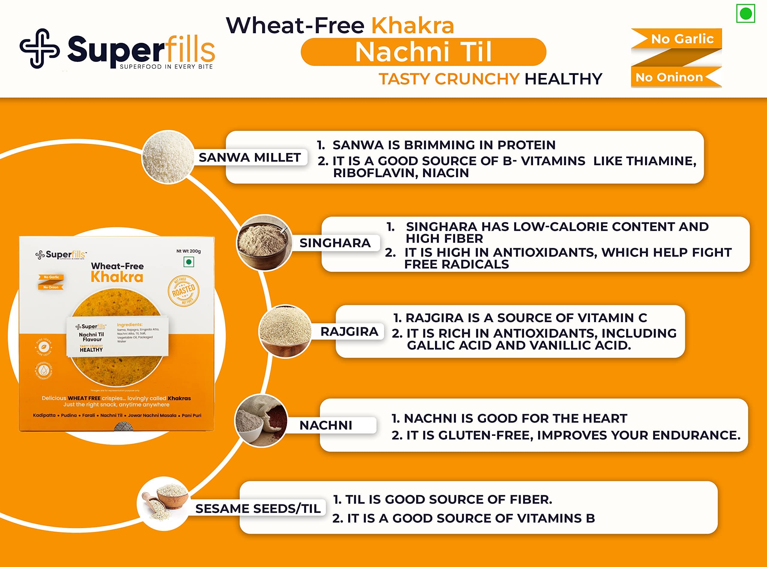 Superfills Wheat-Free (Gluten Free) Nachni Till Khakra - 200gm | Diet Snack for Weight Loss | High in Protein & Fiber | | Roasted | Gujarati Handmade | No Garlic & No Onion (Pack of 1) — image 2