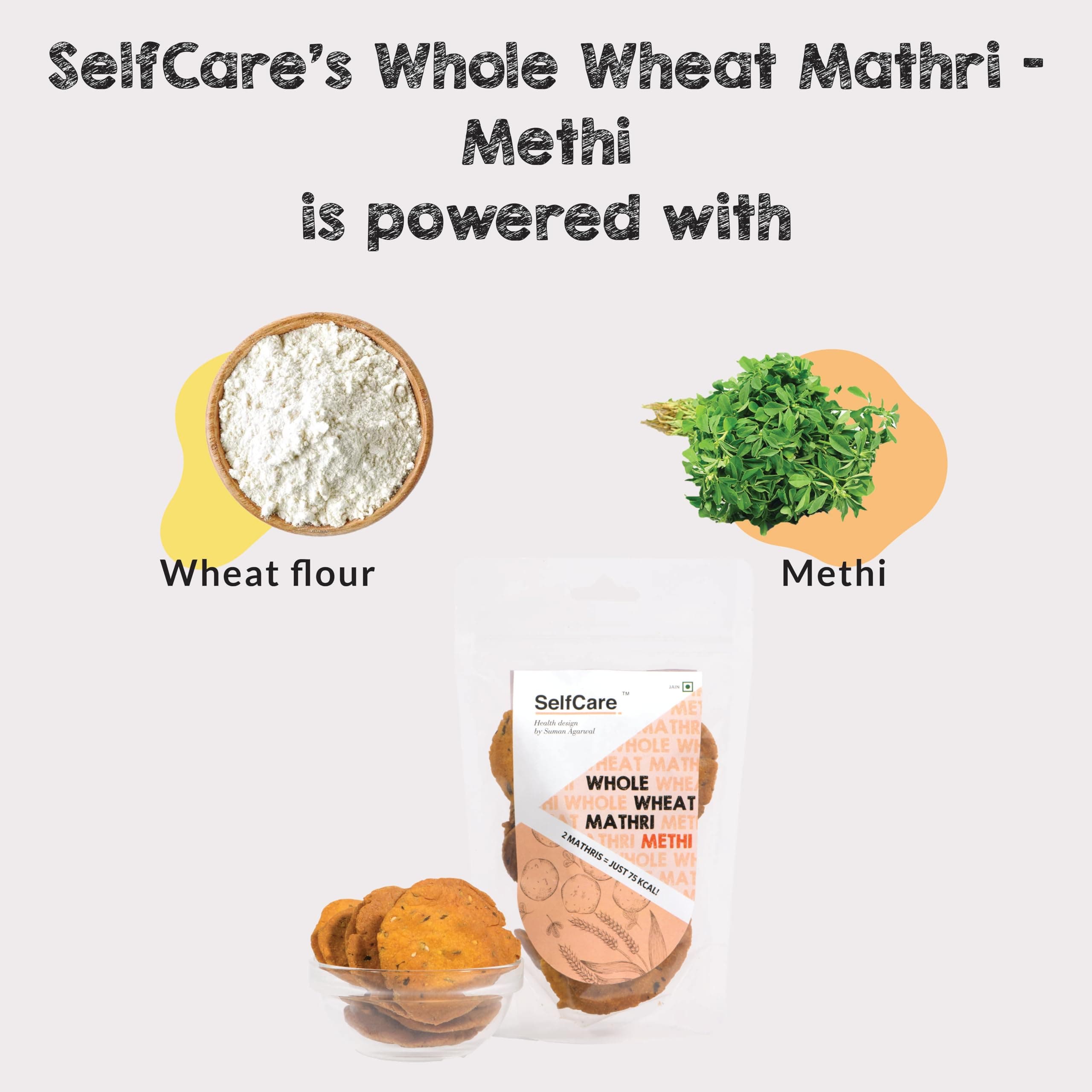 SelfCare By Suman Agarwal Whole Wheat Mathri - Methi Pack of 1 125g | Fiber-rich | Savoury - Snacks - Namkeen - Grocery | Spicy Crunchy & Chatpata - Tea time Snacking | Diabetic Jain & Travel Friendly — image 2