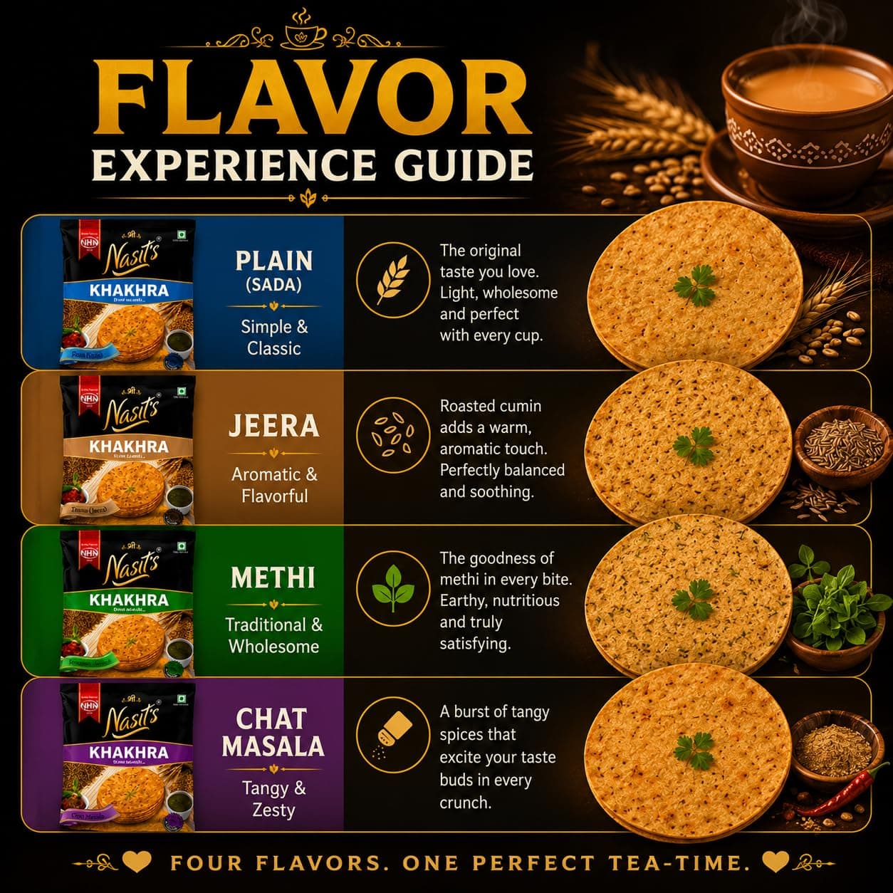 Nasit's Tea-Time Khakhra Combo Pack | Plain, Jeera, Methi & Chat Masala Flavors | Roasted Whole Wheat Gujarati Snack Assortment | 4 x 200g (800g) — image 3
