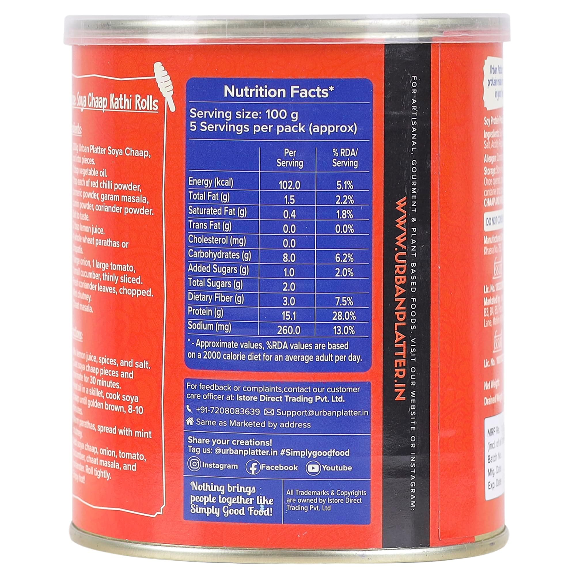 Urban Platter Soya Chaap in Brine, 800g (Canned | Chunks on Stick | Drained Weight - 500g, Rich in Plant Protein| Soy Chap) — image 2