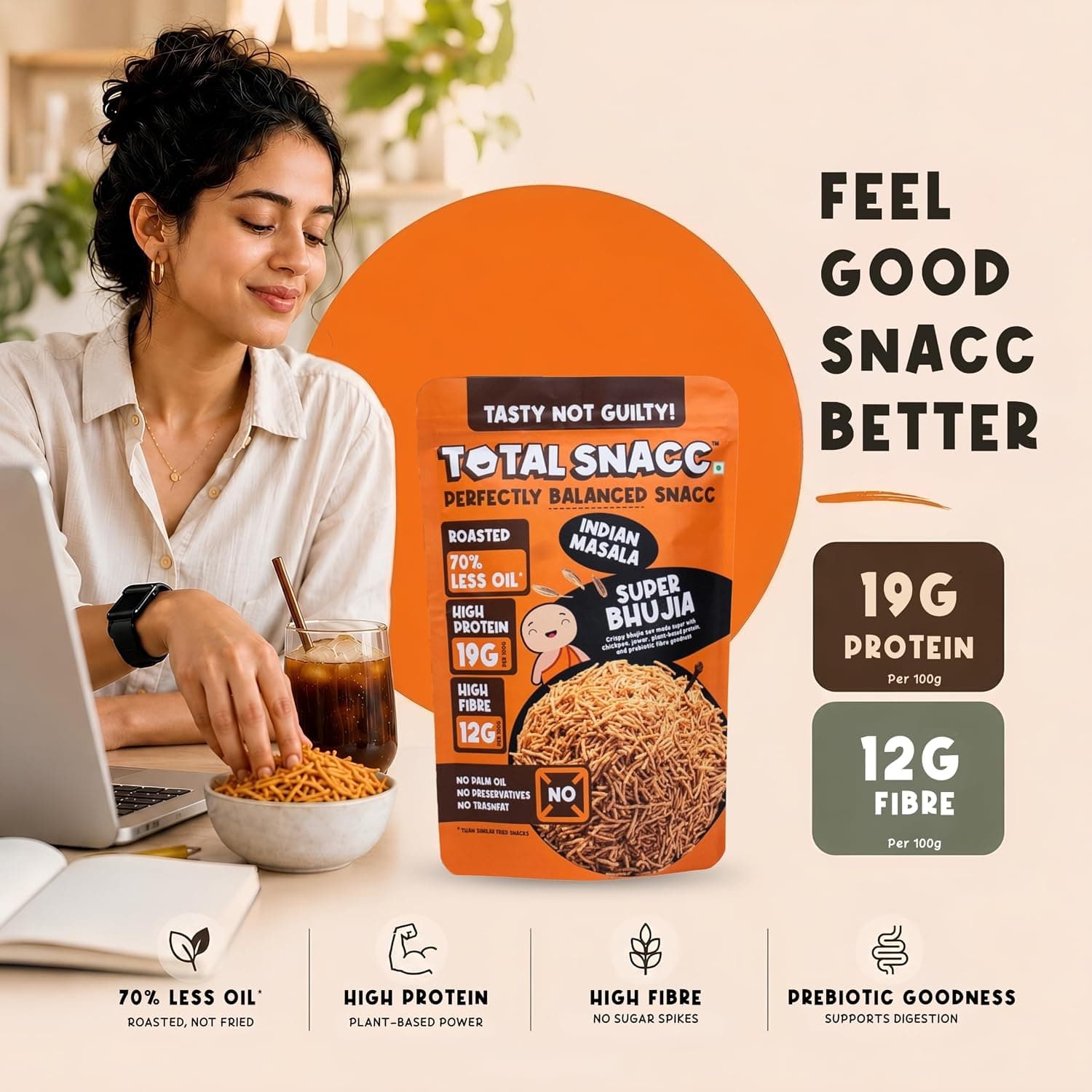 TOTAL SNACC Roasted Protein Bhujia Indian Masala 250g | Protein 19g, Fibre 12g per 100g | 70% Less Oil | No Palm Oil | Bhujiya Mixture Namkeen Snacks | Baked Snacks Healthy | Low GI — image 3