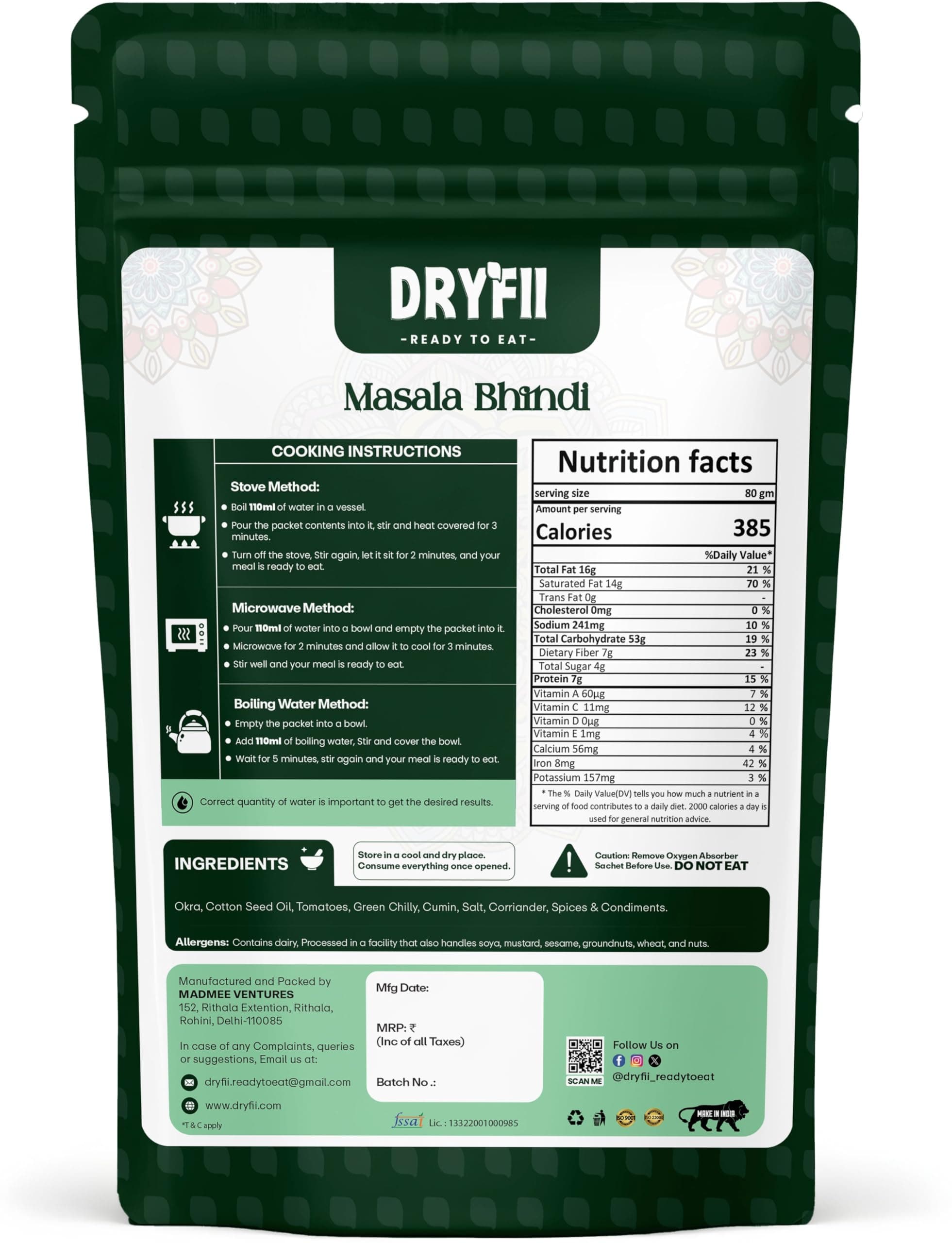 Dryfii Ready-to-Eat Dal Paratha (5 Pcs Parathas) with Jain Masala Bhindi | Veg Combo Meal | Pure Vegetarian — image 3
