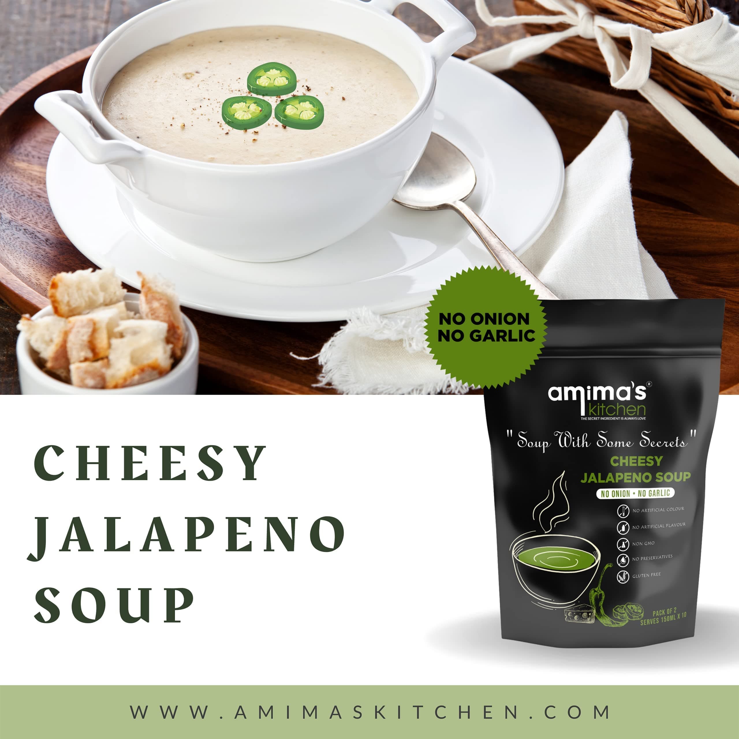 Amima's Kitchen Combo Of Cheesy Jalapeno + Cheesy Tomato Jain Soup (No Onion No Garlic) - 100 Grams (Pack of 2) | Instant Soup Mix Powder | Ready To Cook | No Artificial Flavour & Colour | Gluten Free | Non GMO | Healthy Soup — image 4