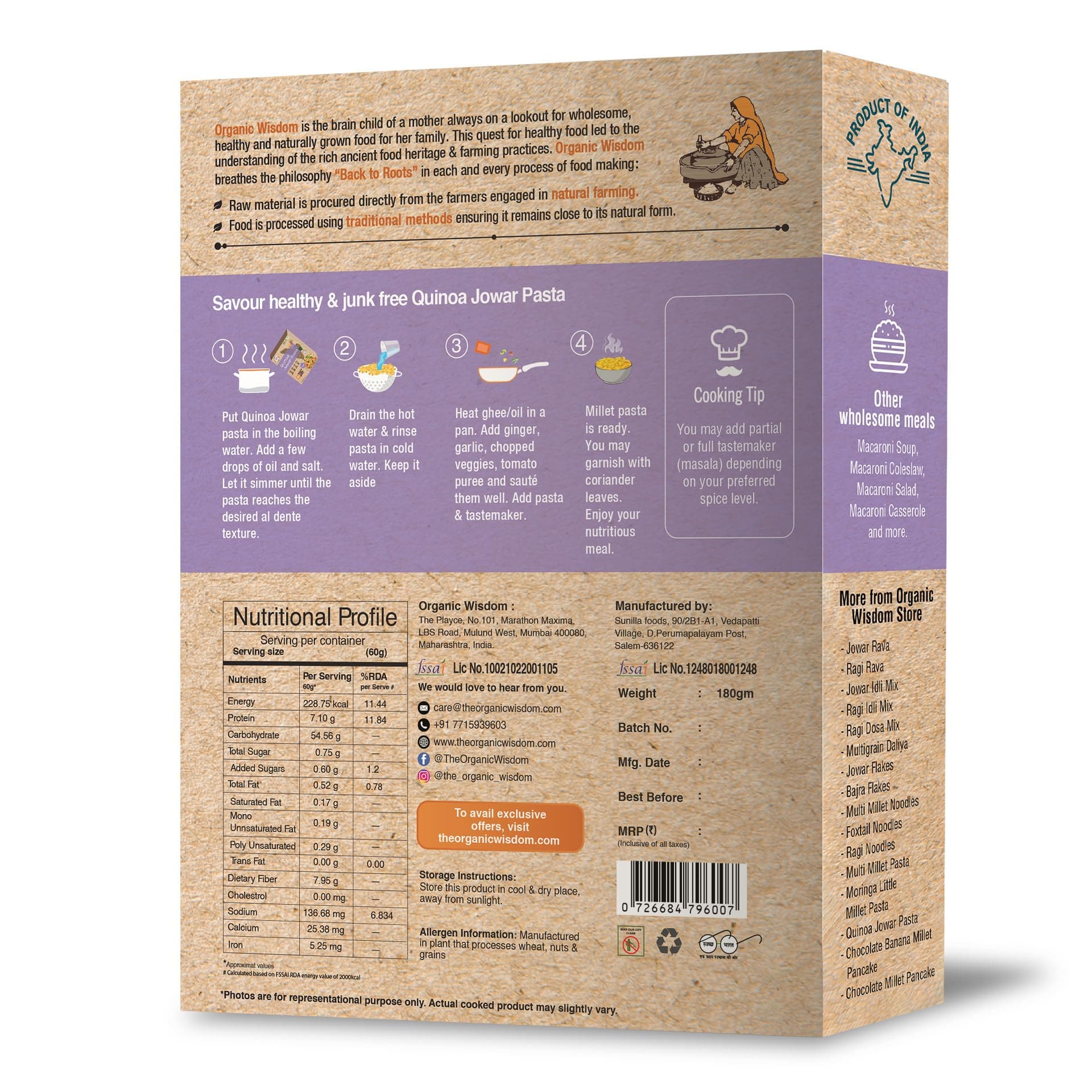Organic Wisdom-Back to Roots Quinoa Jowar Macaroni, 180 g | Millet Pasta | No Maida | No MSG | No Refined Oil | High Protein & Fiber — image 7