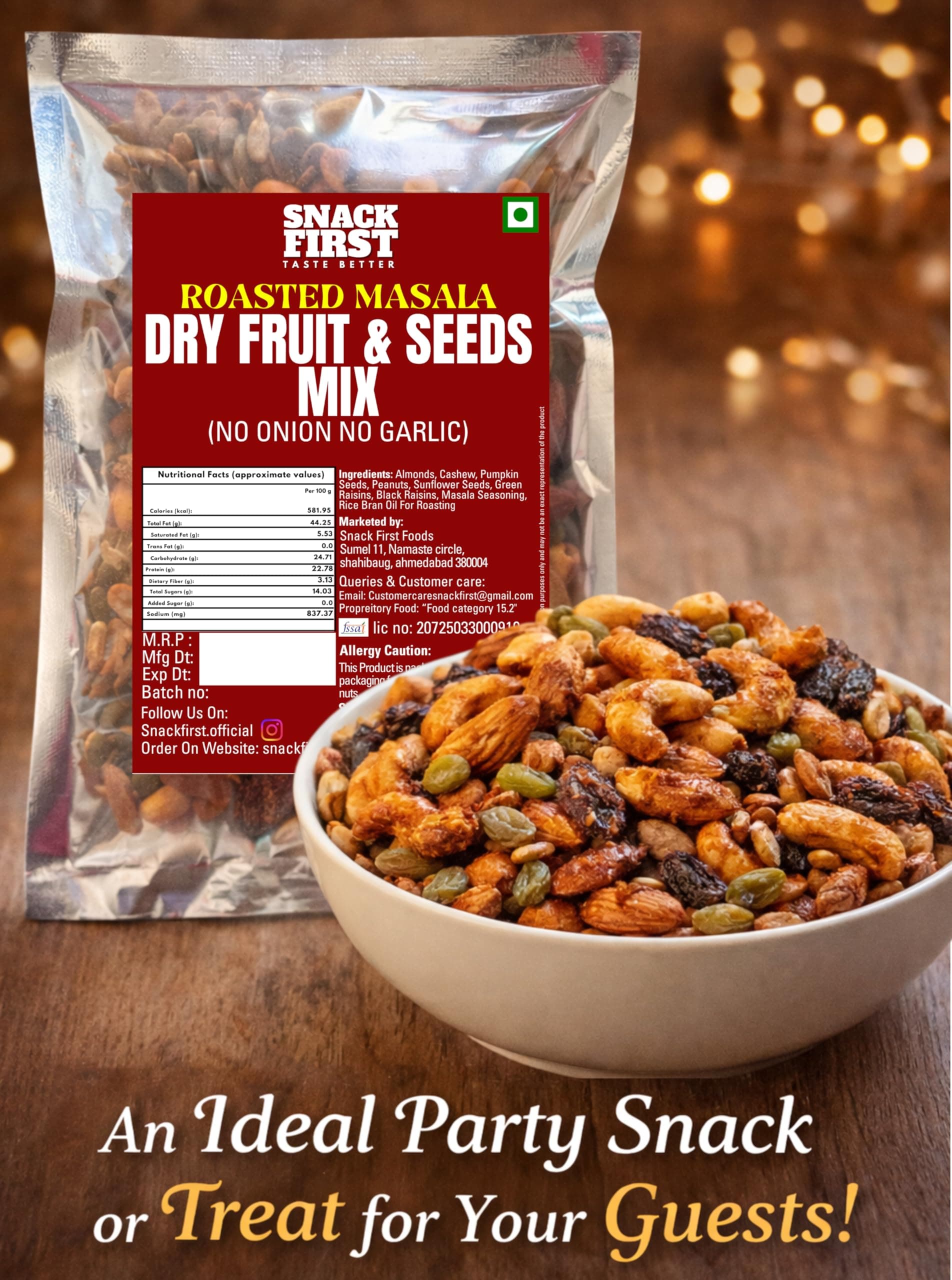Snack First Roasted Masala Dry Fruit & Seeds Mix | No Onion No Garlic | No Palm Oil | 100G | masala dryfruit mixture | mixed dry Fruit & seeds | Almonds | Black Raisins | Cashewnuts | Pumpkin Seed | Sunflower Seed |Peanuts | Green Raisins | 7 In 1 Super Foods | Vitamin E | High protein | Healthy Snack, Gym Snack | — image 2