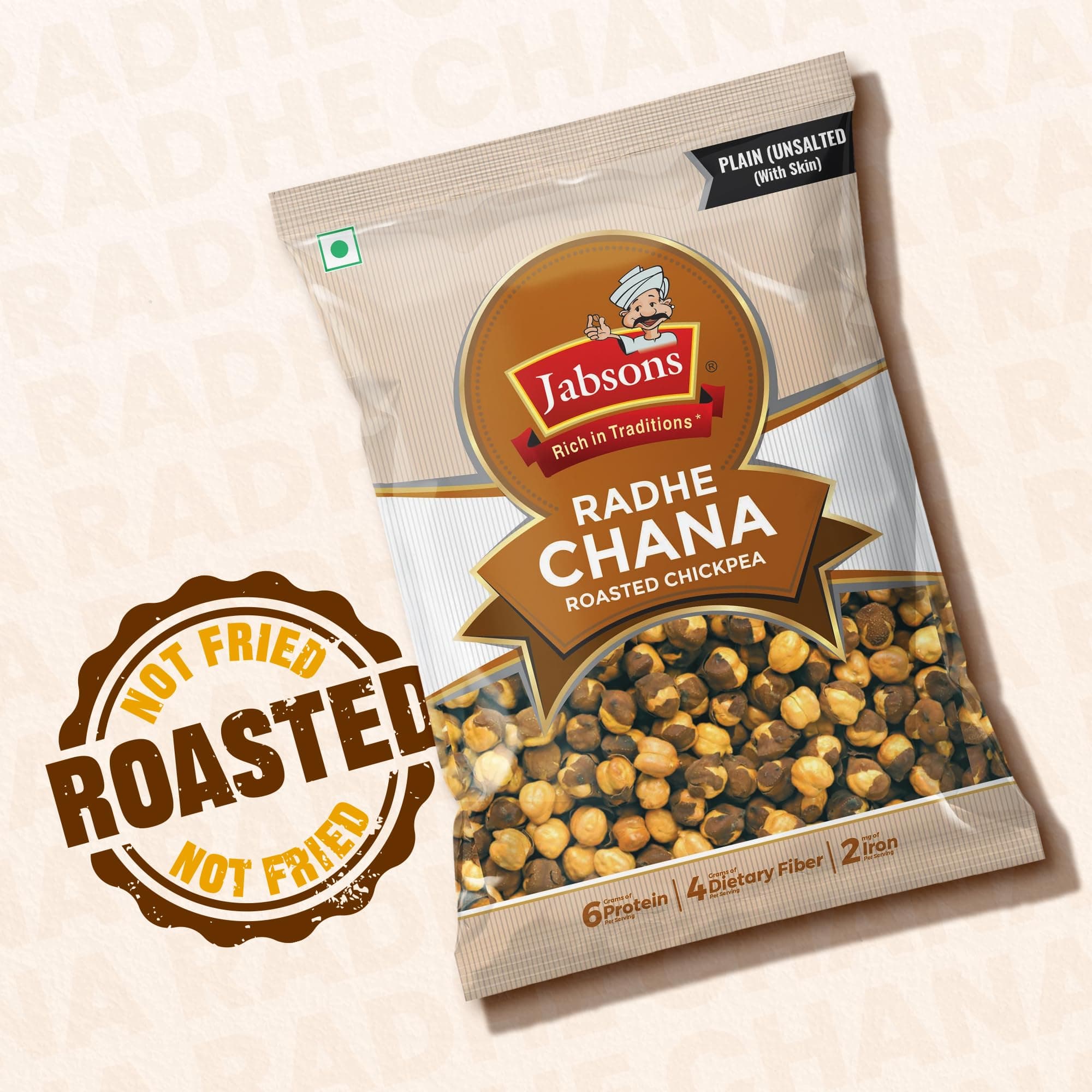 Jabsons Roasted Chana Radhe Plain, 200gm| pack of 9| 100% roasted | No Onion No Garlic | Crunchy Protein Snacks Bhuna Chana Ready to eat Unsalted — image 5