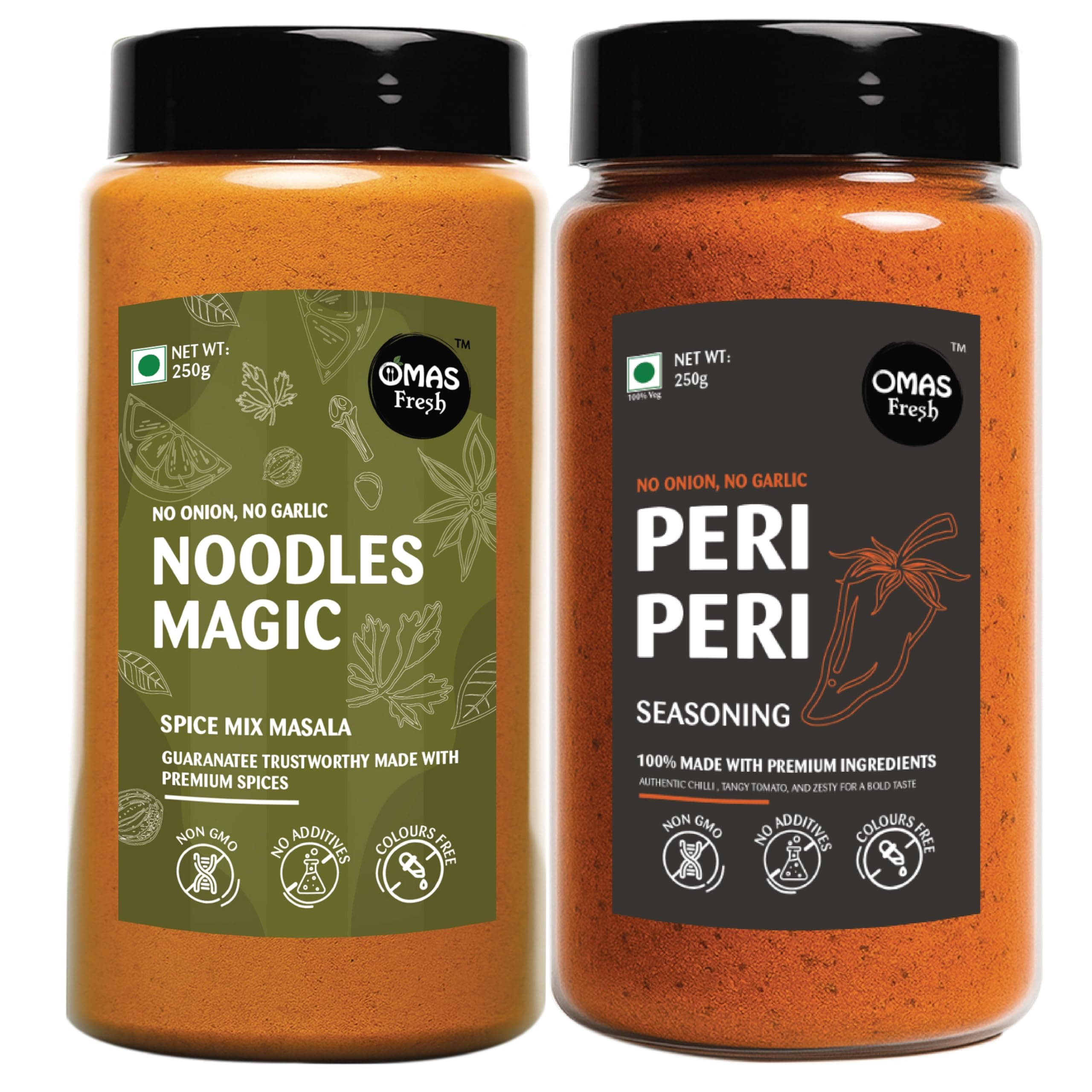 Omas Fresh No Onion No Garlic Noodles Magic Masala & Peri Peri Seasoning | 250g × 2 Combo Pack | Spicy & Flavorful Duo for Noodles, Pasta & Everyday Cooking — image 2