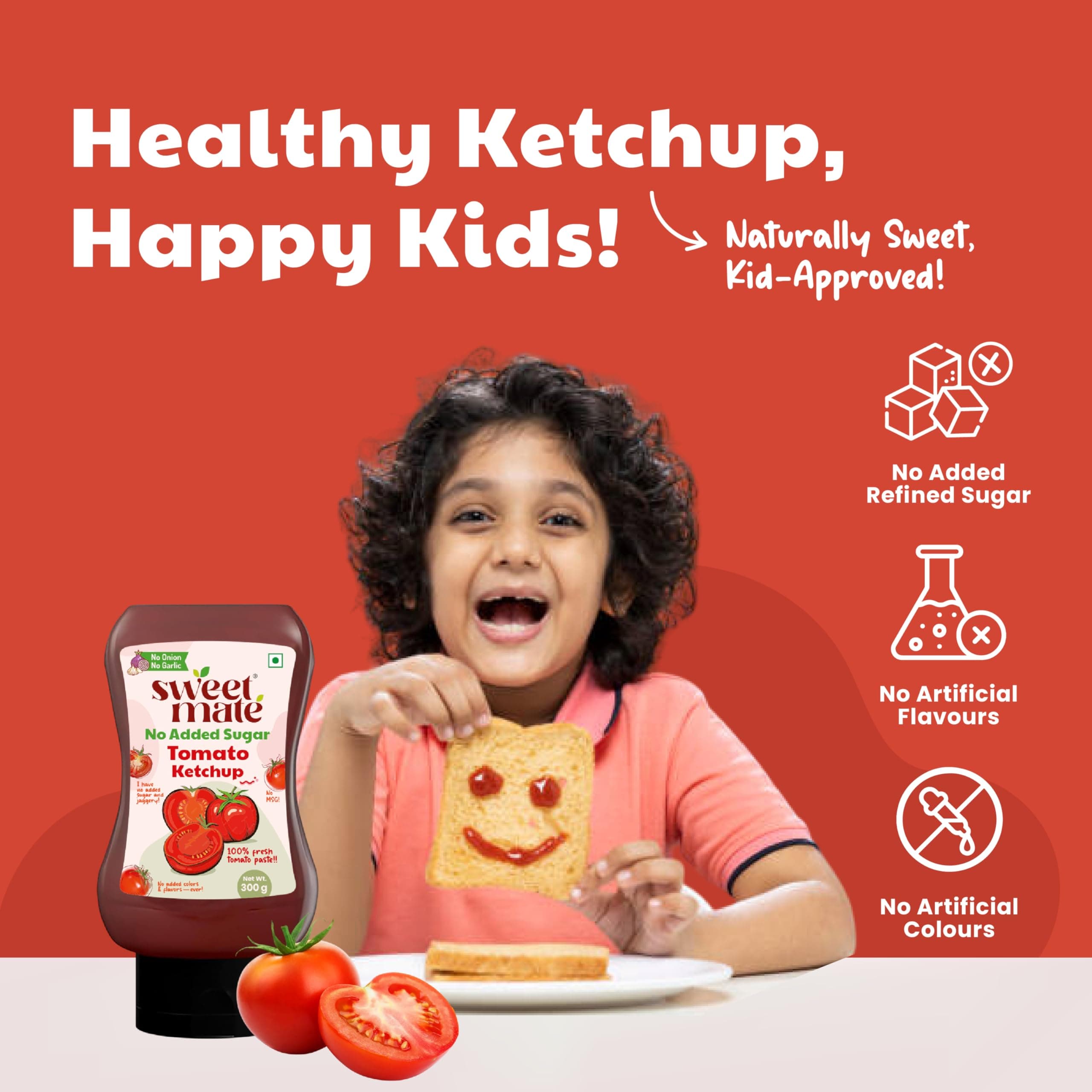 Sweetmate No Garlic Onion Tomato Ketchup | No Added Sugar & Jaggery | Jain & Fasting Friendly | Tastes Like Regular Ketchup | No Artificial Colors, Flavours or Thickeners | Ideal for All Ages – 300g — image 3