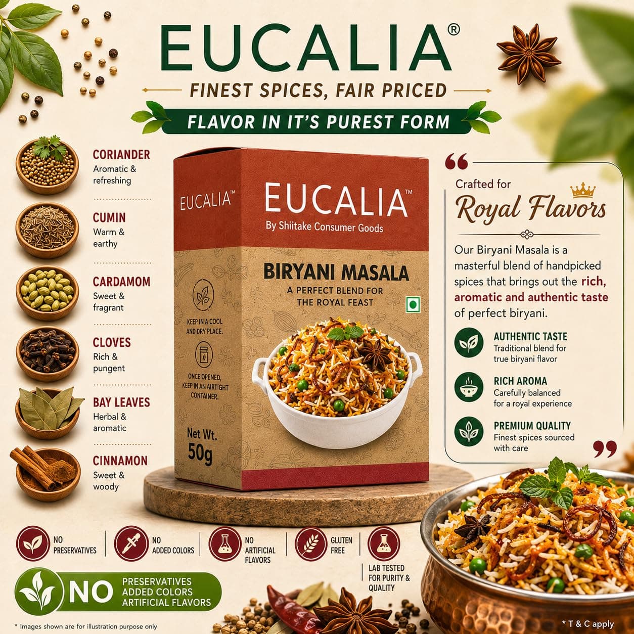 EUCALIA SATTVIK (No Onion No Garlic) Masala Range | Curry Powder (Sabji Masala), Biryani Masala, Garam Masala & Chhole Masala Combo (50g Each)| No Preservatives, No Added Colours, No Artificial Flavours — image 7