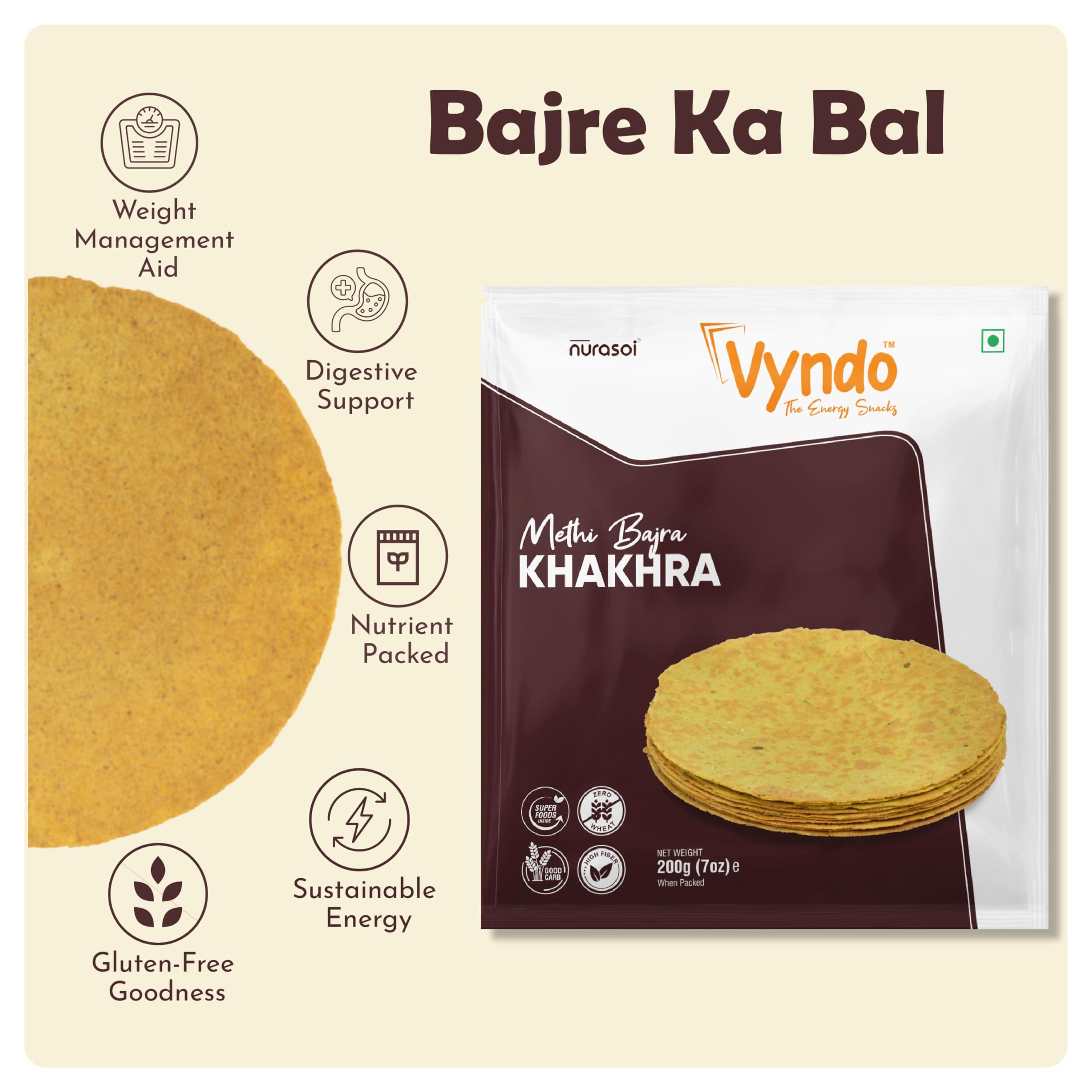 Vyndo Methi Bajra Khakhra Pack of 3 (200g Each) | Millet-Based, High Protein & Fiber | Gluten-Free, No Palm Oil | Anytime Snacks for Kids & Adults. — image 4