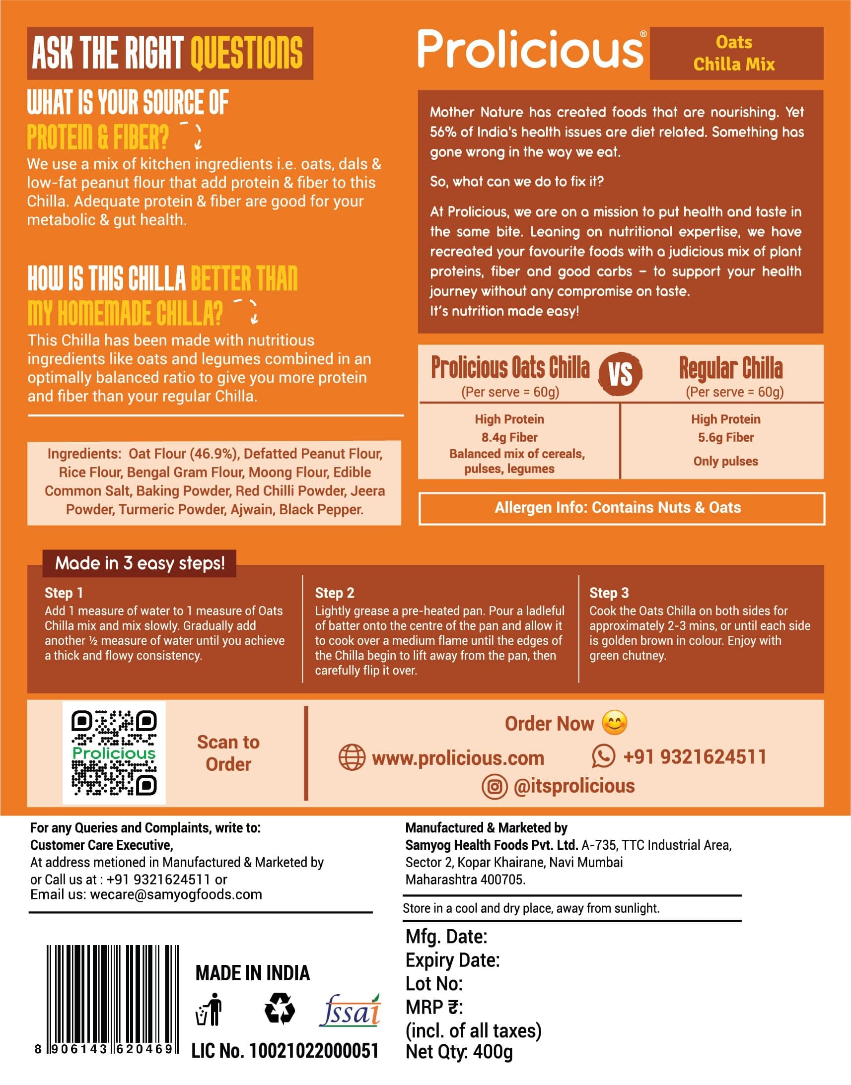 "Prolicious Oats Chilla Mix | Upgrade Your Breakfast | 15g Protein + 6g Fibre Per Serving | High Protein & Fibre Instant Breakfast, Ready in 3 Min | Tasty & Healthy Masala Breakfast | Oats, Moong & Peanut Flour | For the Whole Family | 400g — image 8