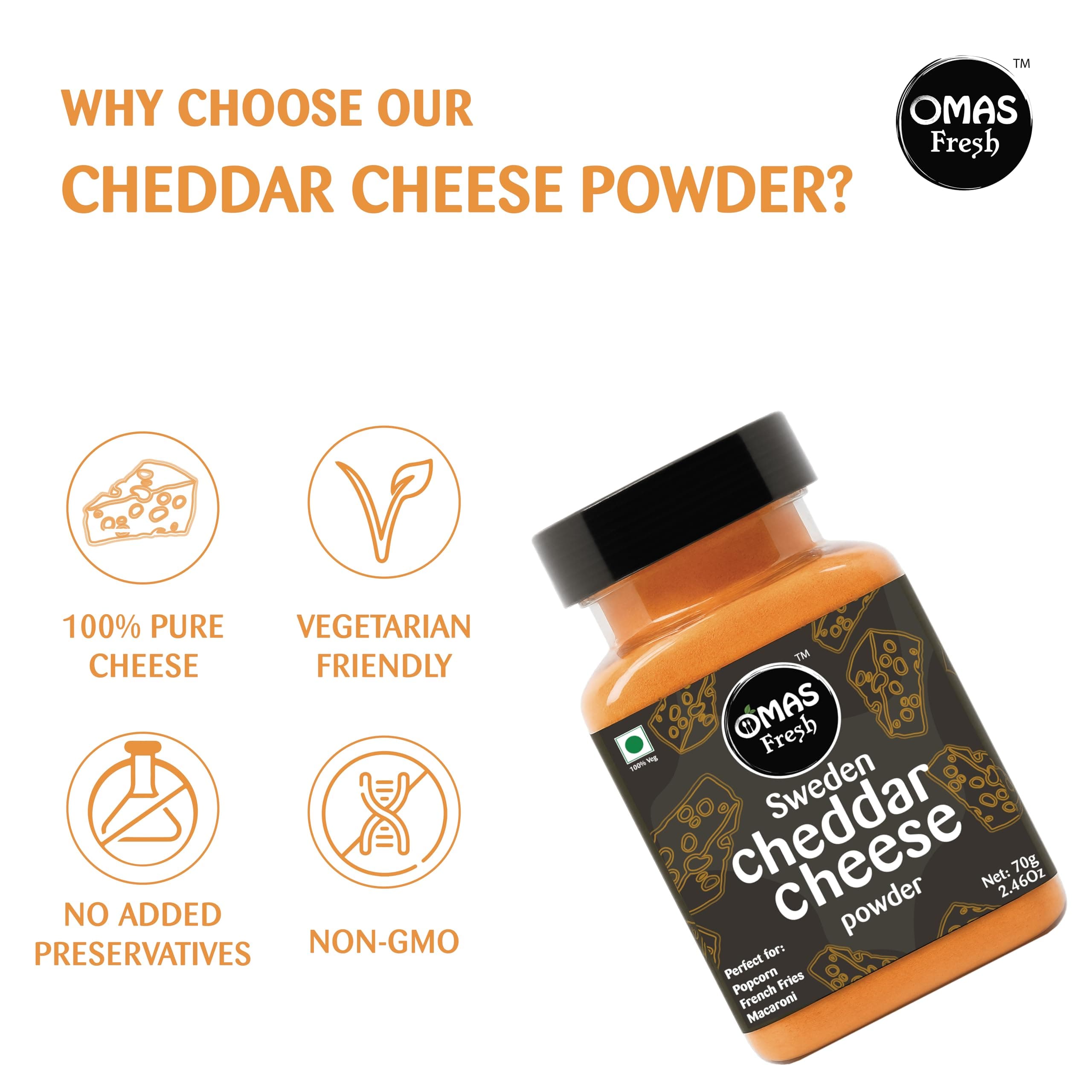 Omas Fresh Jain Combo | Cheddar Cheese Powder 70g, Noodles Magic Masala 70g, No Onion No Garlic Jain Peri Peri 65g Specially for Pizza, Pasta, Noodles, Popcorn — image 4