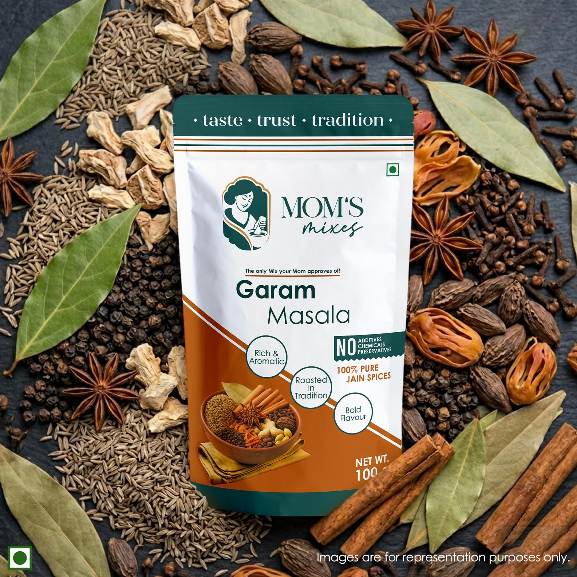 Mom’s Mixes Garam Masala (Garam Masala Powder) | Pure Jain Spices | No Onion No Garlic (Jain Friendly) | Rich & Aromatic | No Preservatives | 100g — image 3