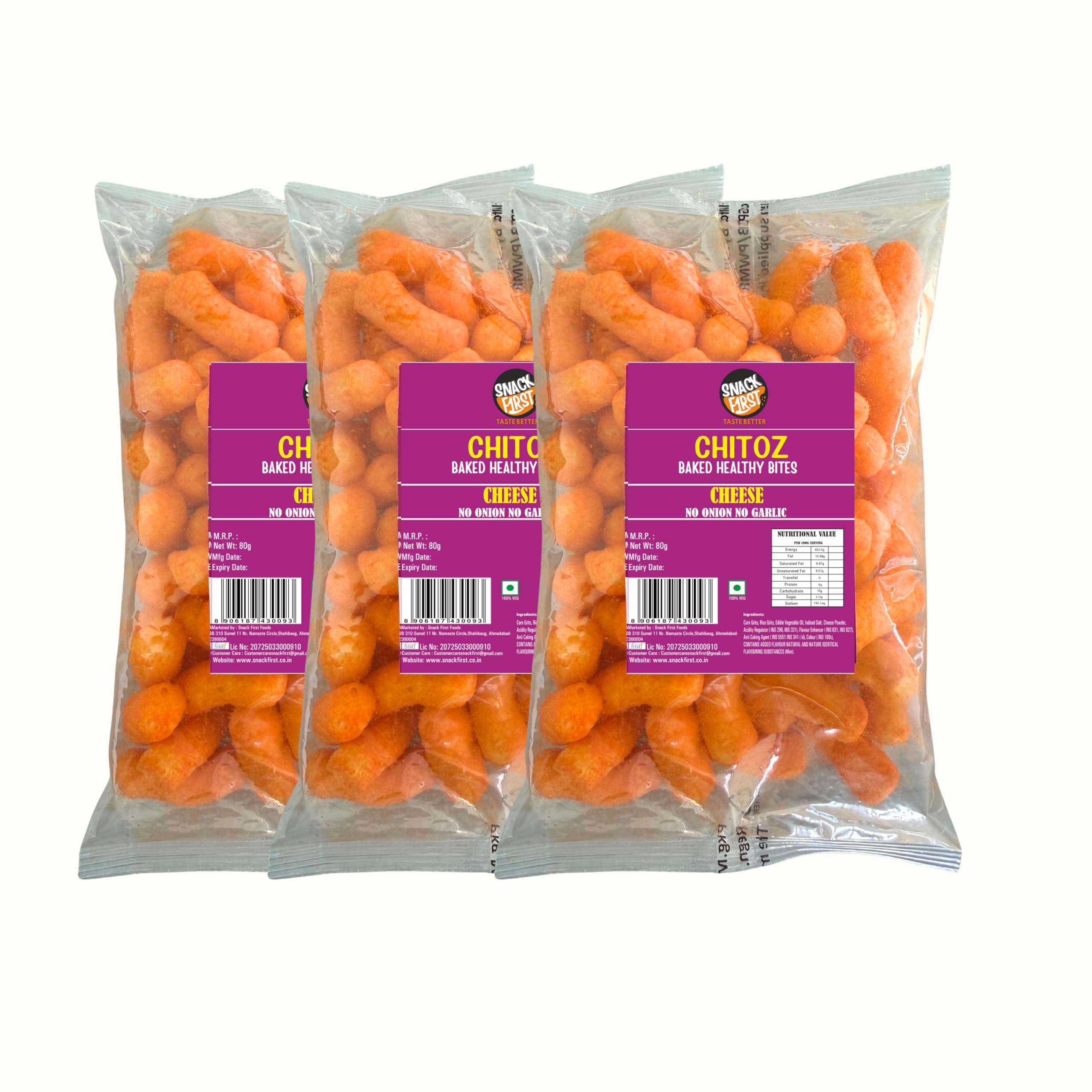 Snack First Chitoz, Pack of 3, No Onion No Garlic, Jain, Puffed Snack, Corn Puffs, Healthy Snack, Namkeen, Each 80g — image 2