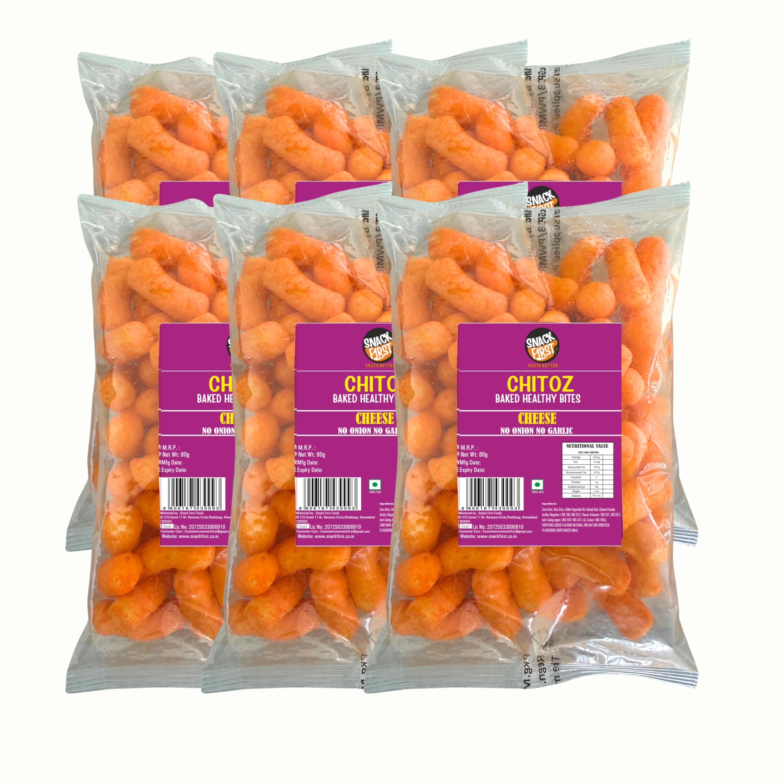 Snack First Chitoz, Pack of 6, No Onion No Garlic, Jain, Puffed Snack, Corn Puffs, Healthy Snack, Namkeen, Each 80g — image 2