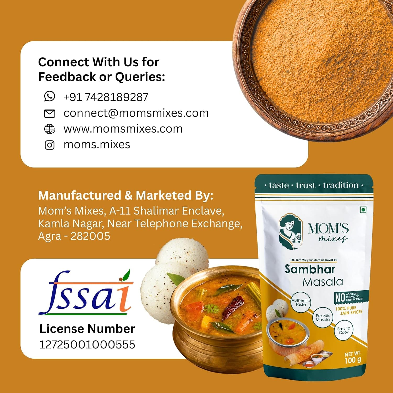 Mom’s Mixes Sambhar Masala (Sambhar Powder) | Pre-Mix Masala | No Onion No Garlic (Jain Friendly) | Authentic South Indian Taste | No Preservatives | 200g — image 11