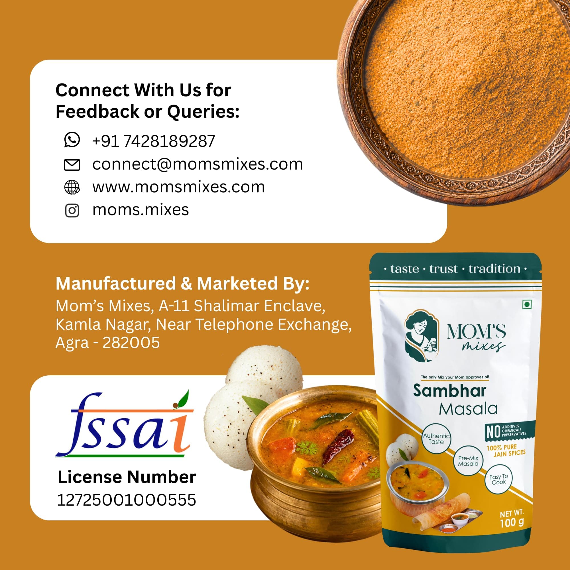 Mom’s Mixes Sambhar Masala (Sambhar Powder) | Pre-Mix Masala | No Onion No Garlic (Jain Friendly) | Authentic South Indian Taste | No Preservatives | 200g — image 11