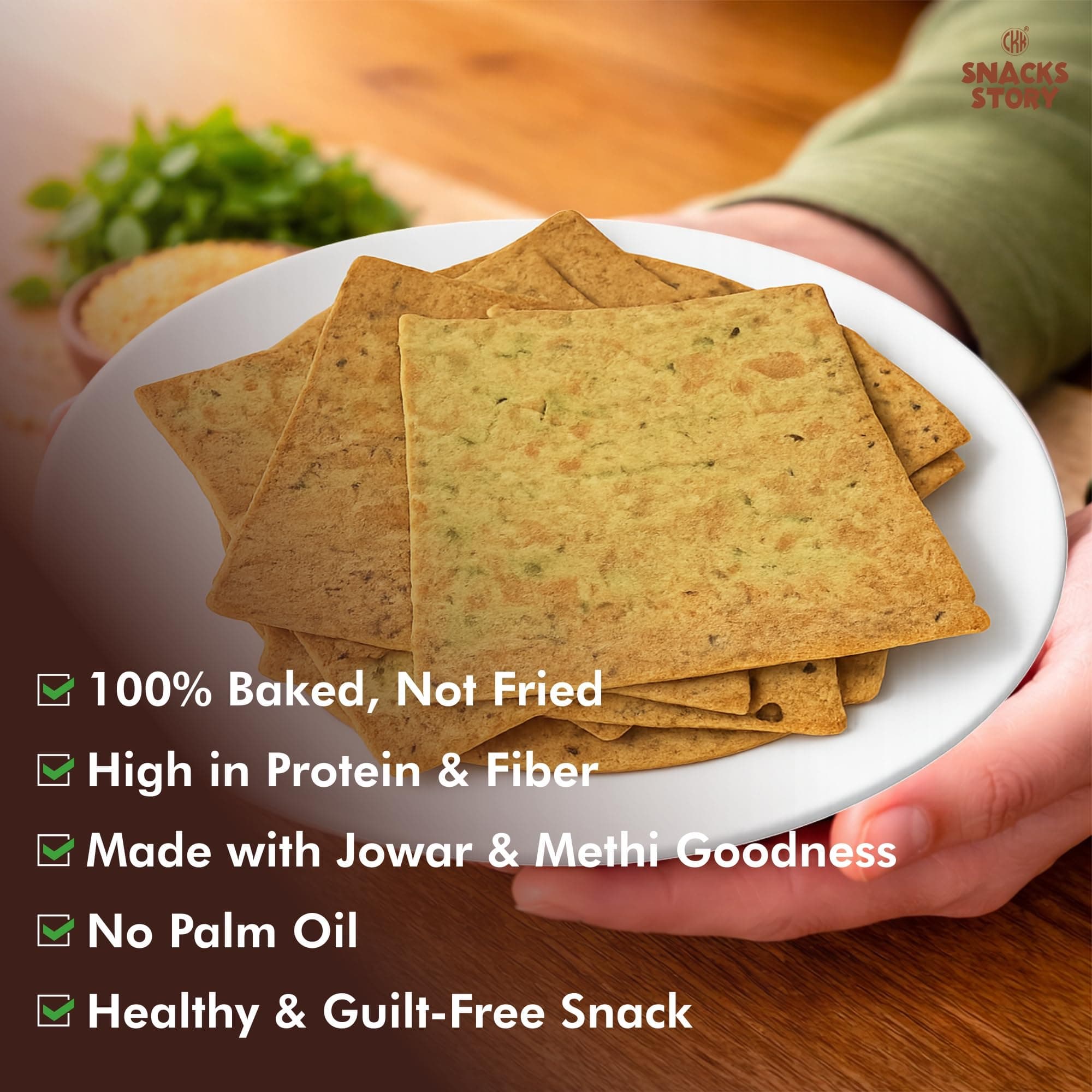 CKK Snacks Story Methi Jowar Khakhra | 100% Baked | High Fiber | No Palm Oil | Healthy & Crispy Snack | Jain Friendly | (Pack of 4 x 180g) — image 5