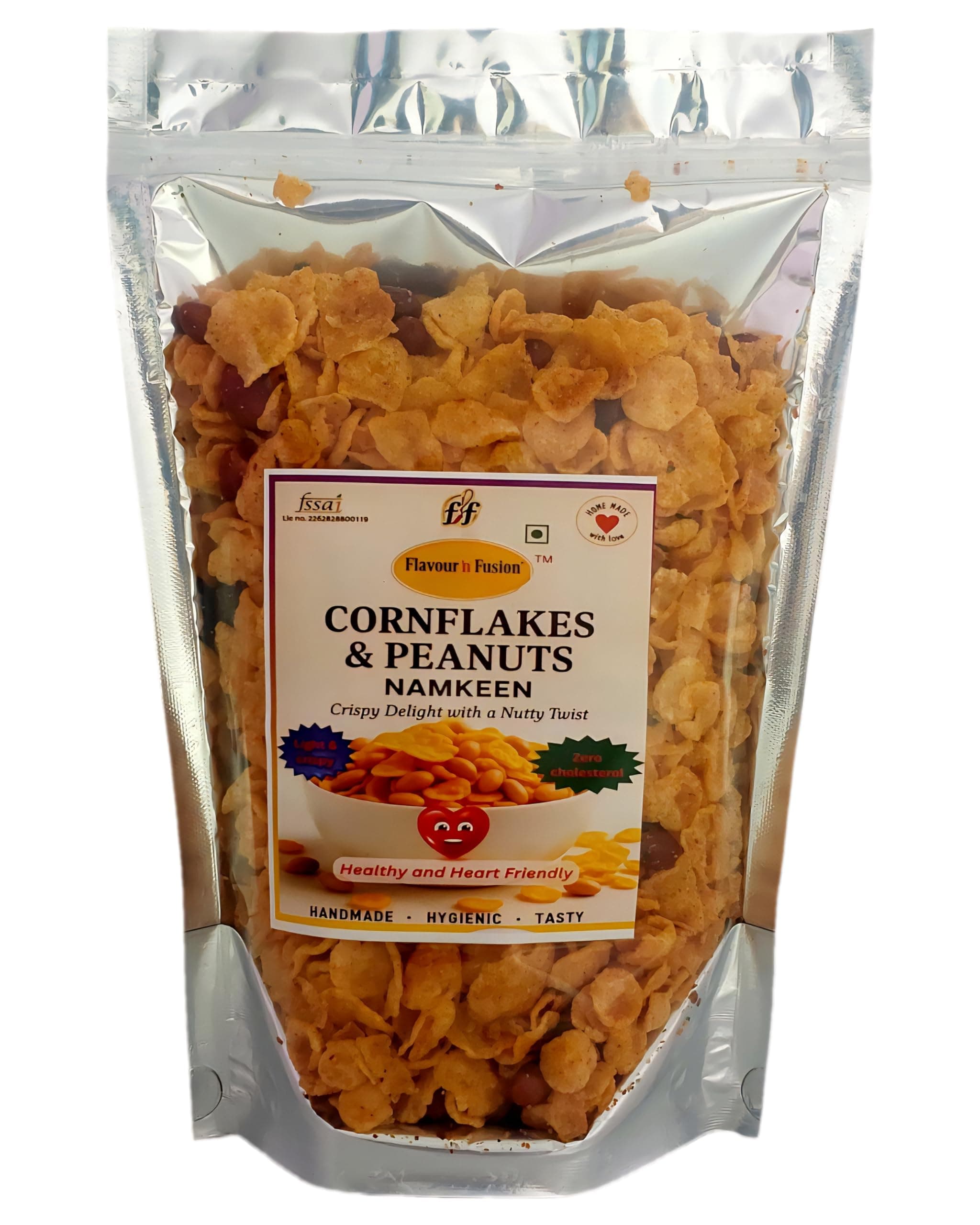 FLAVOUR N FUSION Cornflakes & Peanut Namkeen | Crispy and Crunchy Savoury Snack | NO Onion NO Garlic | Handmade and Hygienically Prepared | No Artificial Colors or Flavours | Freshly Packed | 250 gm
