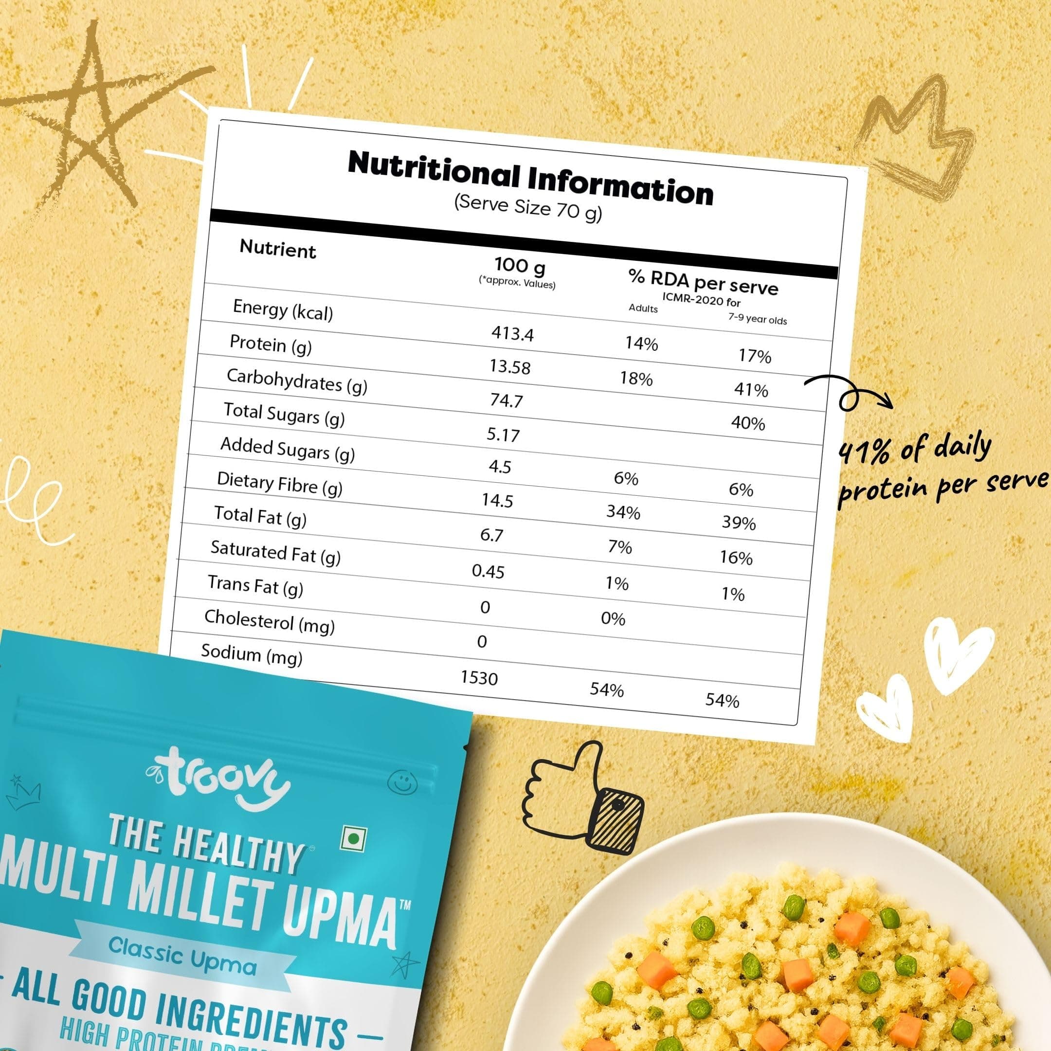Troovy Healthy High Protein Premix | All Natural Ingredients | No Palm OIl | No Preservatives | Made with the goodneess of 10 grains (Pack of 2, Upma) — image 3