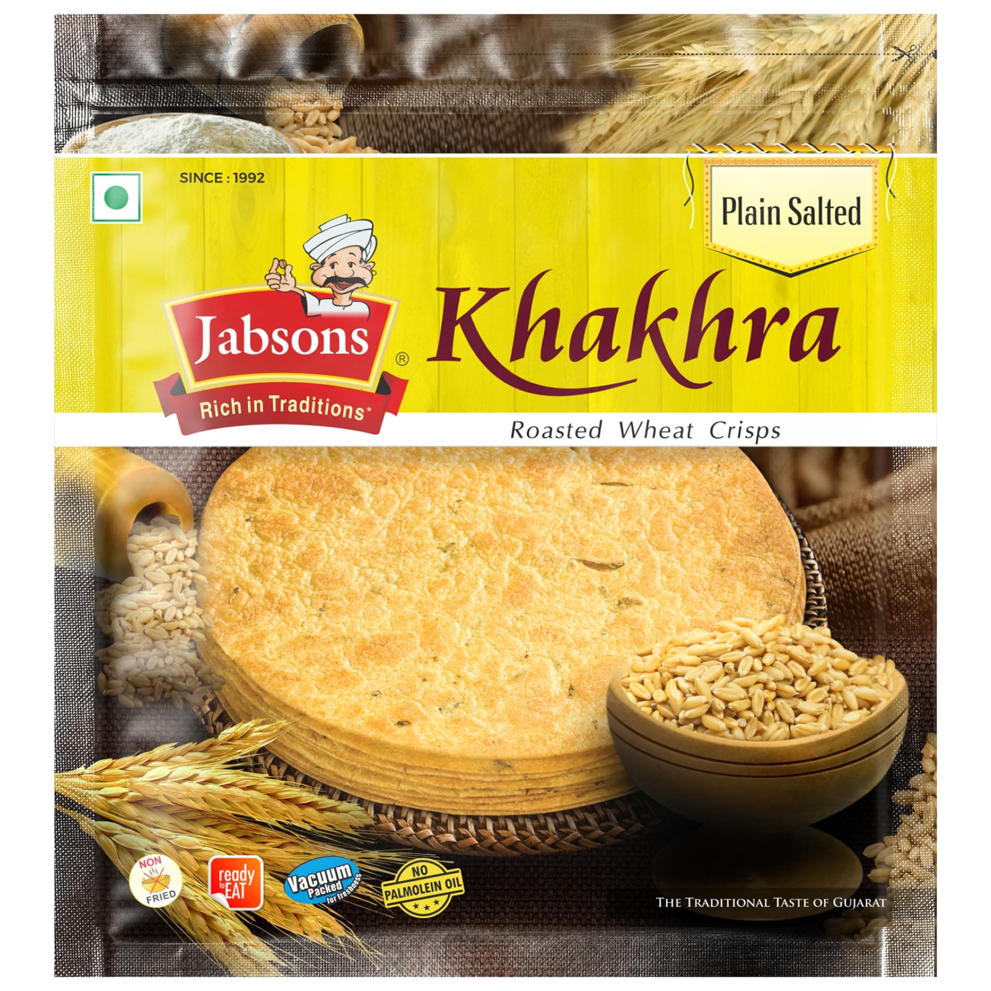 Jabsons Plain Salted Khakhra 100% Roasted | No onion No Garlic | Ready To Eat Vacuum Packed Tea Time Snack | Crispy Diet Friendly Khakhra | Gujarati Traditional Healthy Snacks 180 gm (Pack of 1)