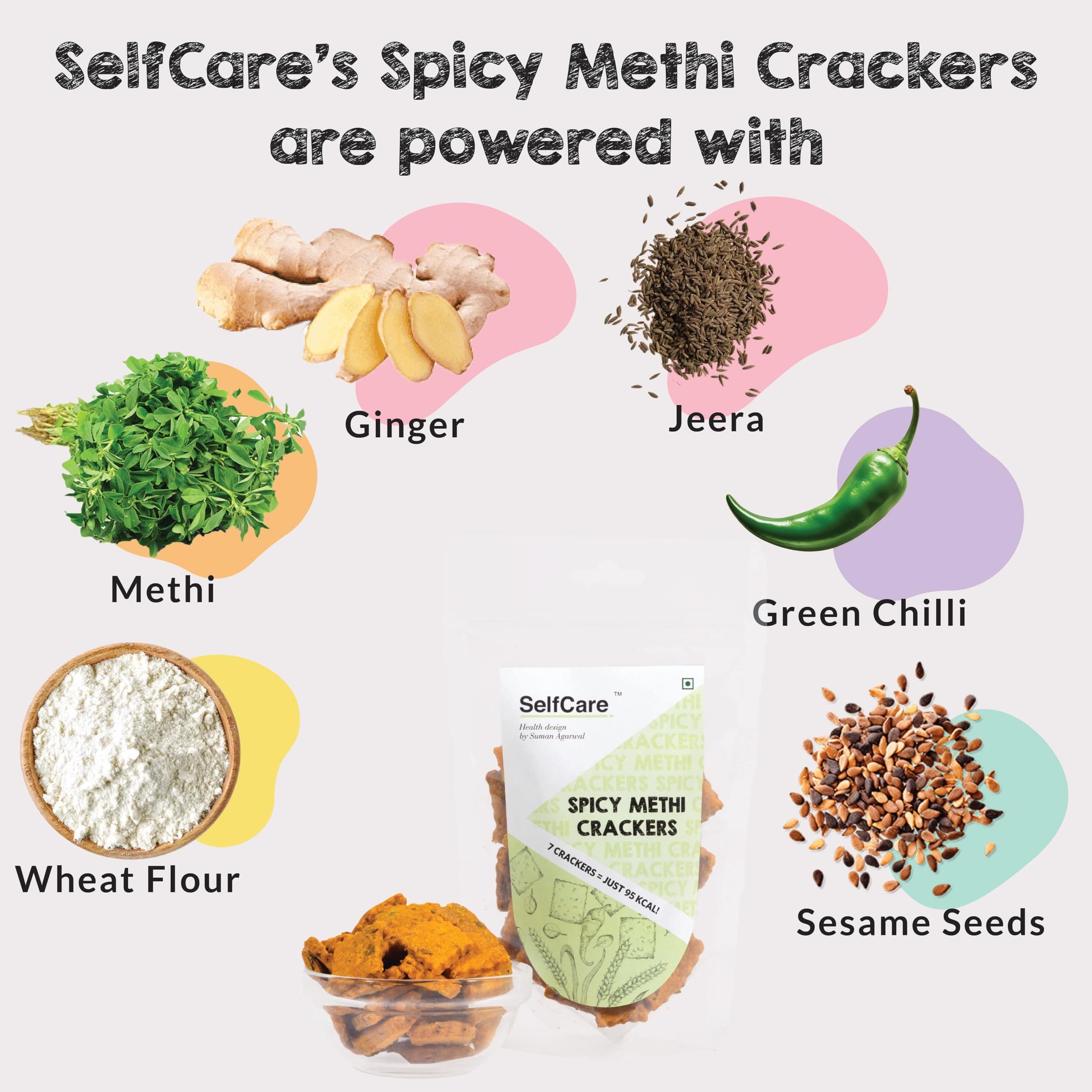 SelfCare By Suman Agarwal Spicy Methi Crackers Pack of 1 125g | Bakes - Healthy - Vegan | Snacks - Namkeen - Grocery | Spicy Crunchy & Chatpata - Tea time Snacking | Jain Travel & Diabetes Friendly — image 2