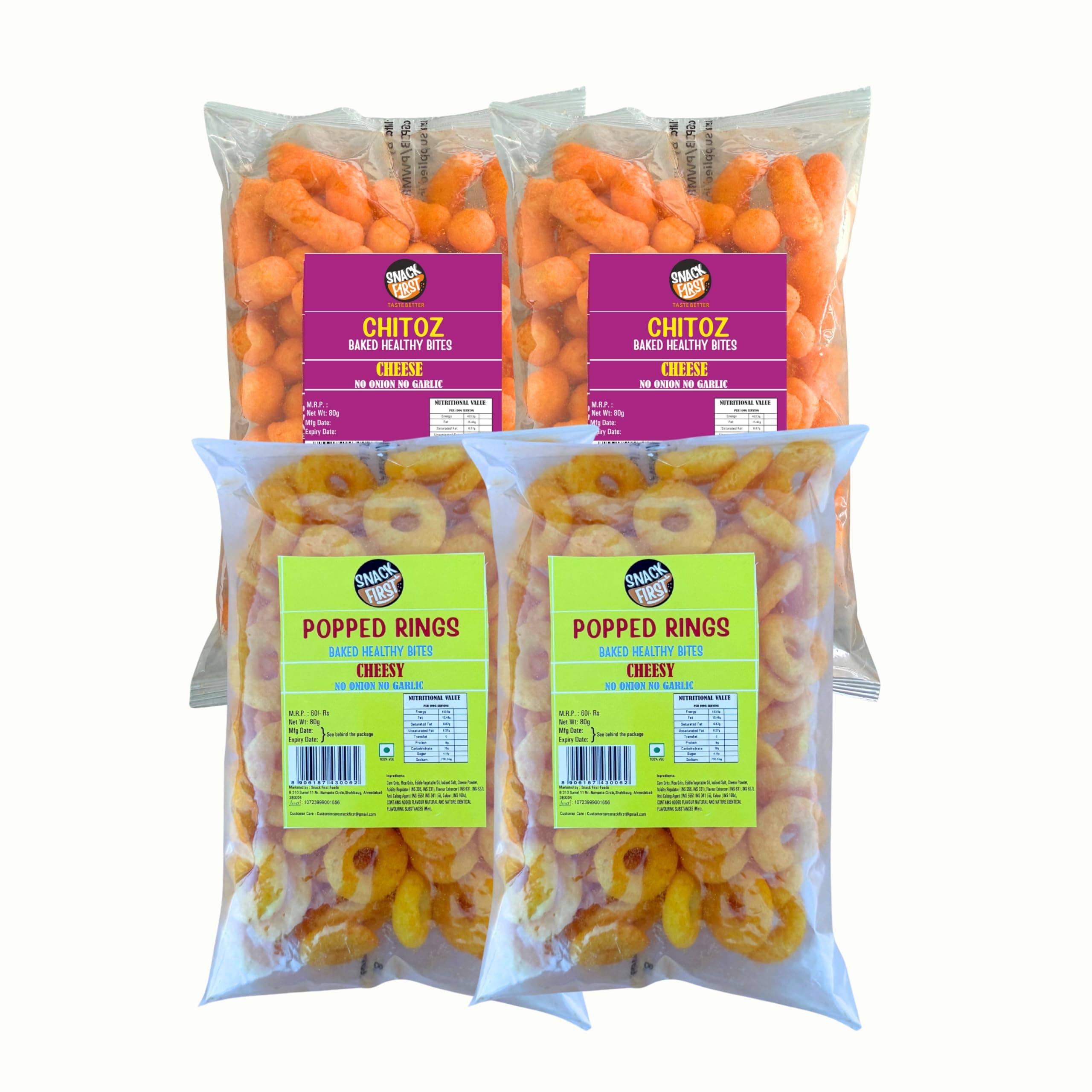 Snack First Baked Popped Ring Cheese(2) & Chitoz Cheese (2), Pack of 4, No Onion No Garlic, Jain, Puffed Snack, Corn Puffs, Healthy Snack, Namkeen, Each 80g — image 2