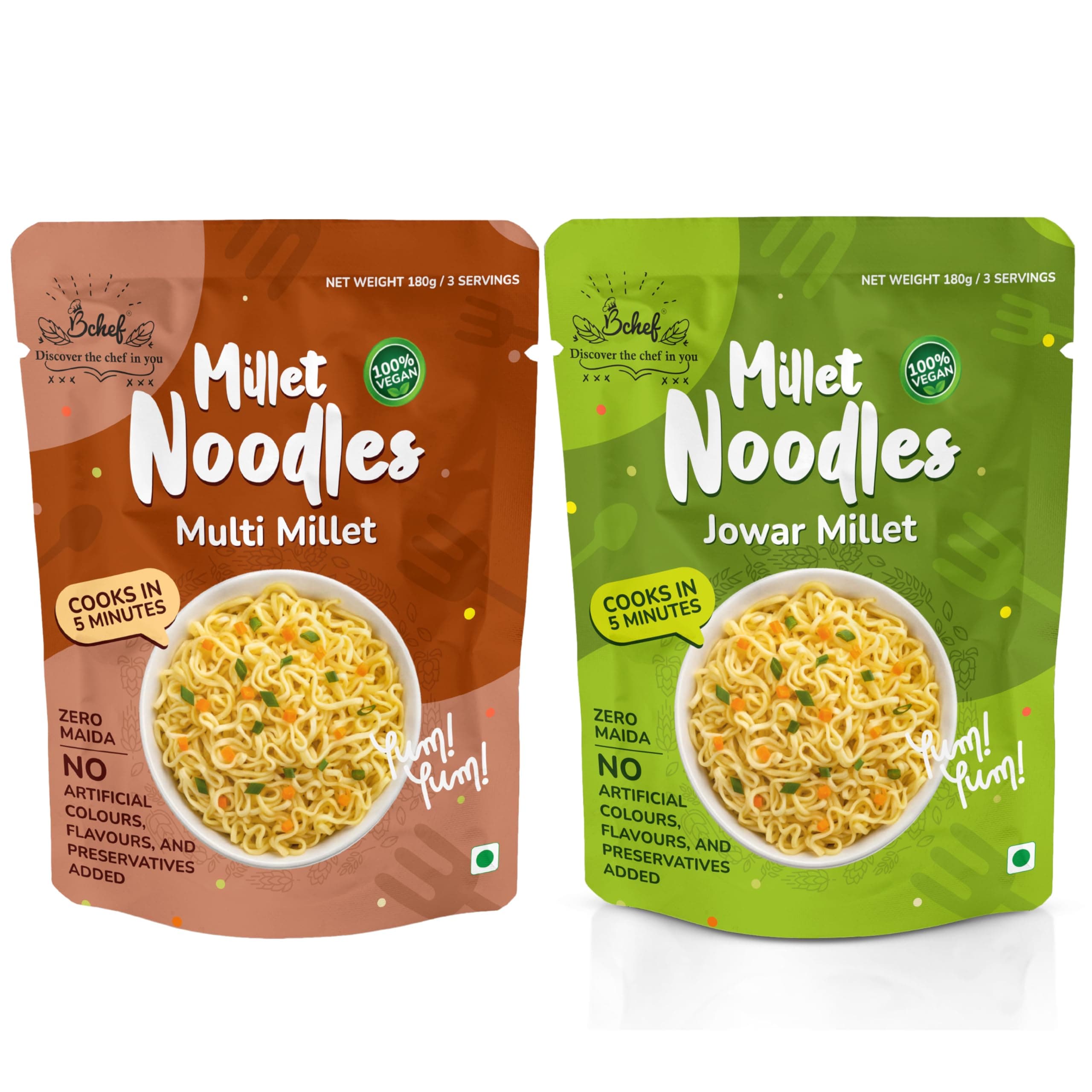 Bchef Jowar and Multi Millet Noodles | Zero Maida, No Artificial Colours, No Flavours & Preservative Added | 100% Vegan Noodles | Healthy Nutritional Food, (Combo Pack of 2,180g each) — image 2