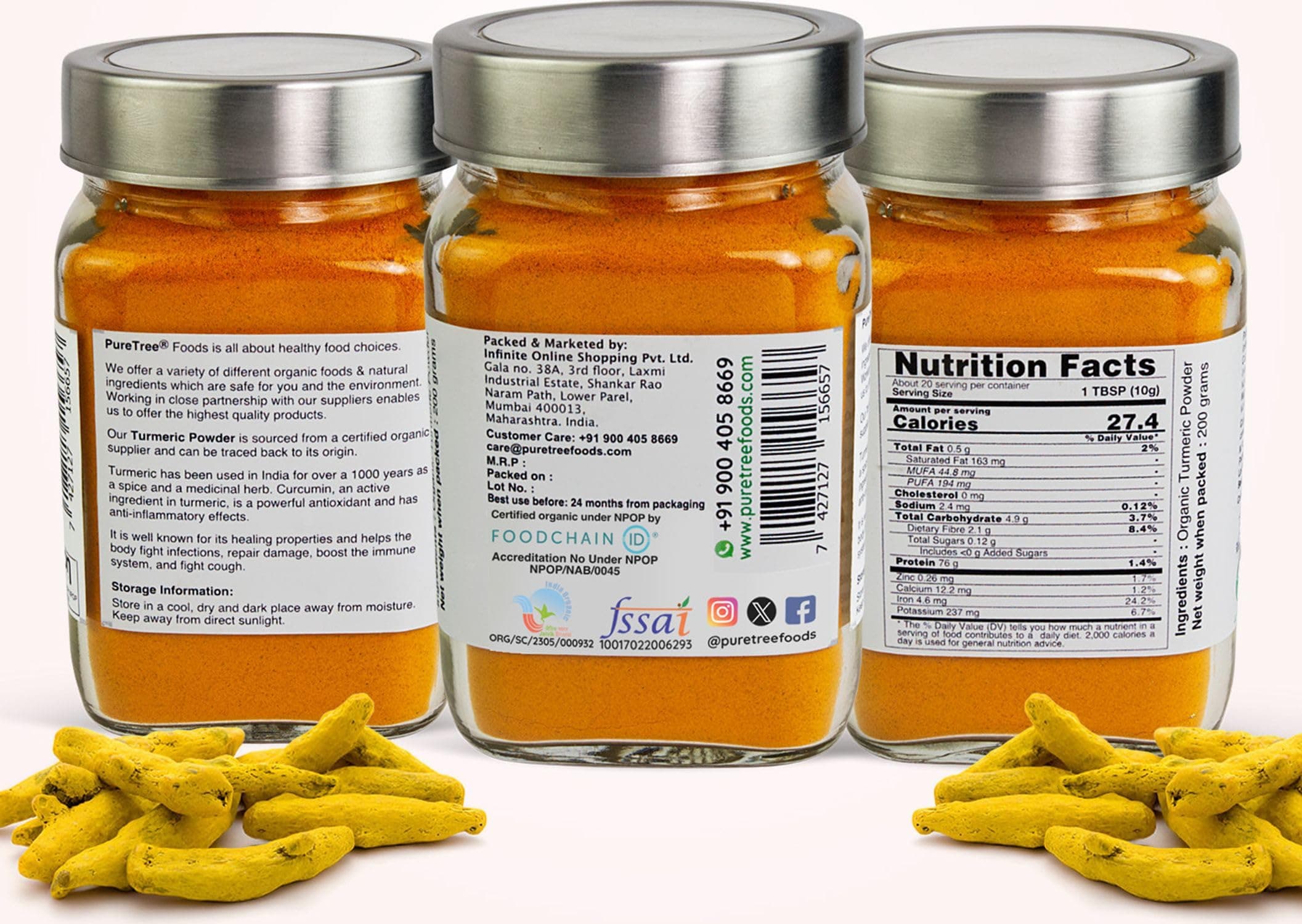 Pure Tree Certified Organic Haldi Powder | 200 g | Glass Jar | Turmeric Powder | Spice Masala Powder Raw for Milk | Strong Antioxidant — image 2