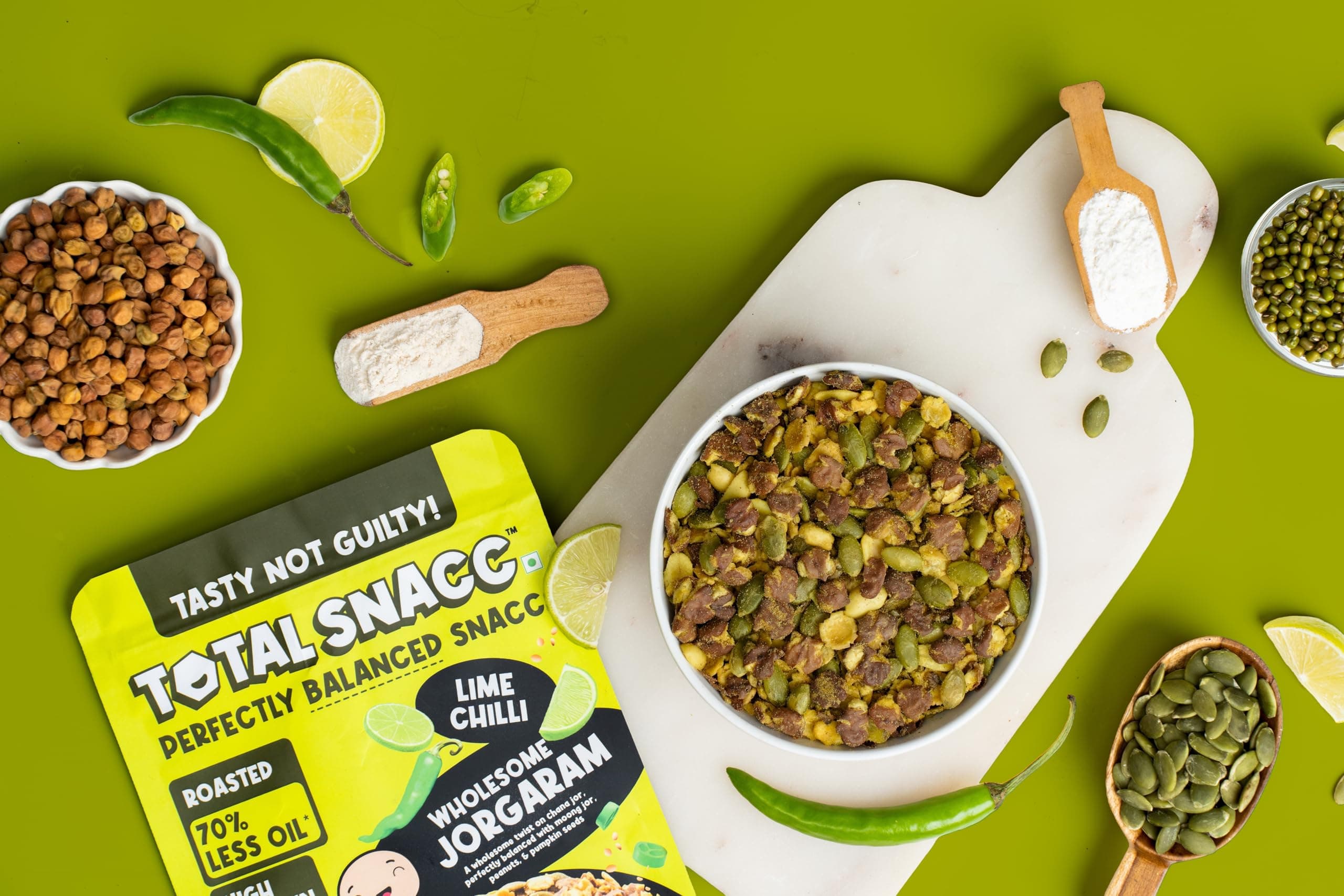 TOTAL SNACC Wholesome Jorgaram Lime Chilli (125g x 2) | High Protein 19g | High Fibre 12g | Roasted Not Fried | 70% Less Oil | No Palm Oil | High Protein Snacks | Baked Namkeen Mix | Healthy Snacks | No Preservatives | Diabetic Friendly | a mix of chana jor, moong jor, peanuts, & pumpkin seeds — image 7