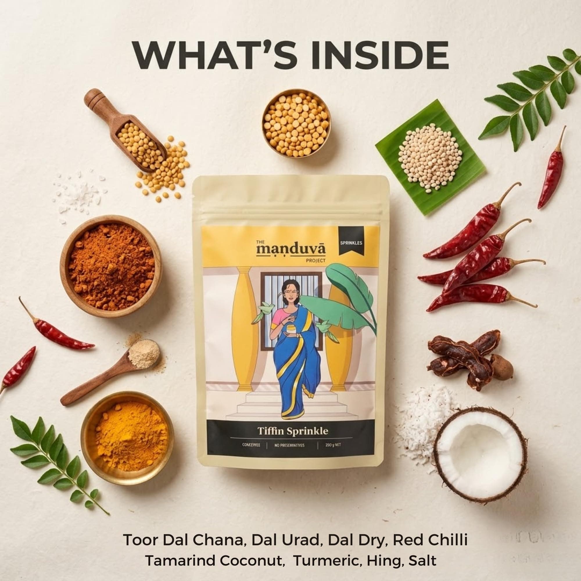 The Manduva Project Tiffin Sprinkle Podi 200g | Jain No Garlic No Onion | Andhra-Style Idli Karam | Roasted Lentils, Coconut & Tamarind | Hand-Pounded Traditional Sprinkle | No Preservatives — image 3