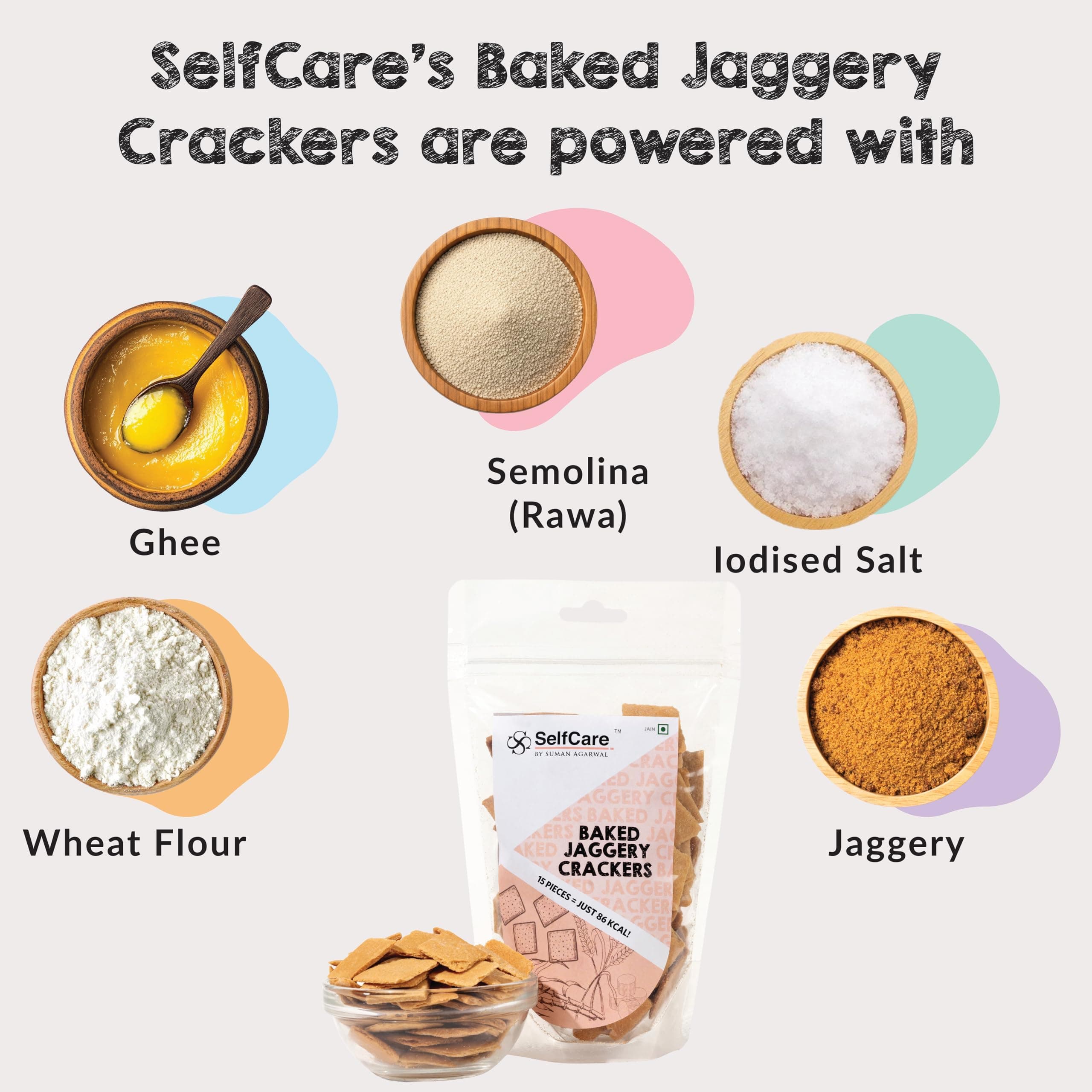 SelfCare By Suman Agarwal Baked Jaggery Crackers - 125g (Pack of 1) | Healthy | Sweet - Snacks - Namkeen - Grocery | Crunchy - Tea time Snacking | Travel & Jain Friendly | No Added Preservatives — image 2