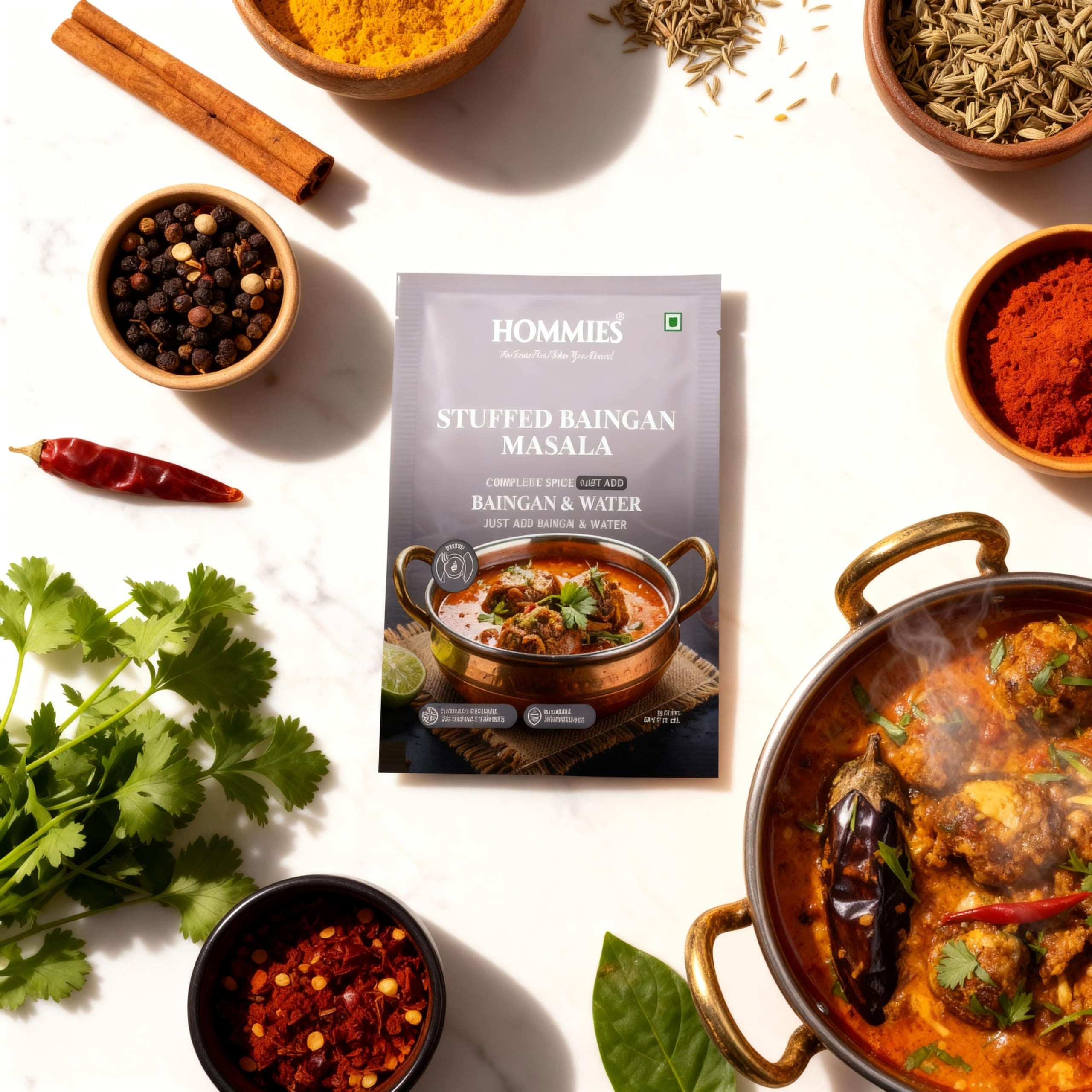 Hommies Stuffed Baingan Bharta Masala Spice Mix | Ready to Cook in 15 Mins | Just Add Eggplant & Water | Serves 4 | Authentic Curry Masala with Groundnut | No Preservatives | Pack of 4 (200g, 50g Each) — image 4