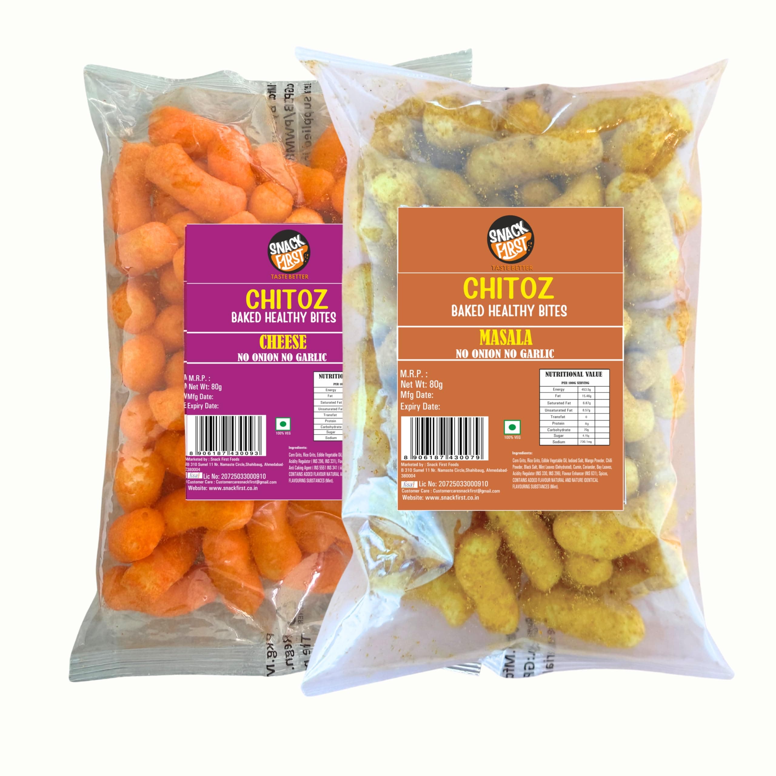 Snack First Baked Chitoz, Puff Corn, Cheese & Masala Chitoz, Pack of 2, No Onion No Garlic, Jain, Puffed Snack, Corn Puffs, Healthy Snack, Namkeen, Each 80g — image 2