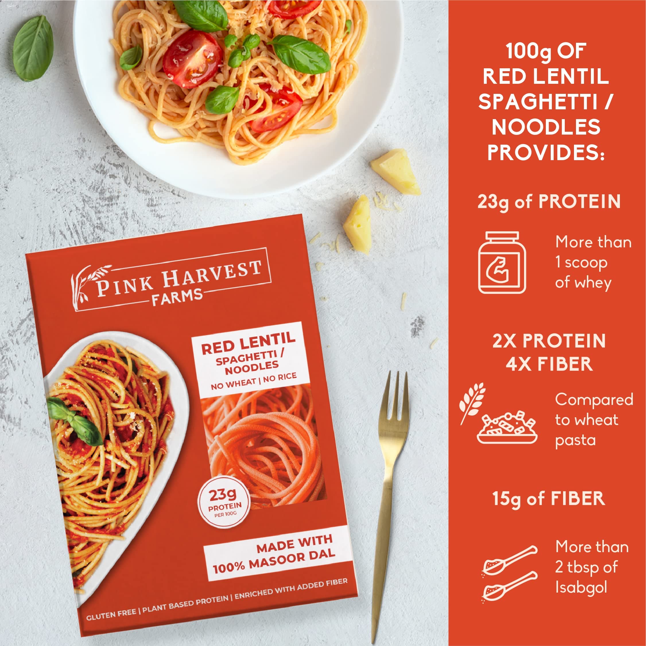 Pink Harvest Farms Red Lentil Spaghetti Noodles | No Rice - No Maida | Vegan | Gluten Free | High Protein | 200gm Pack — image 4
