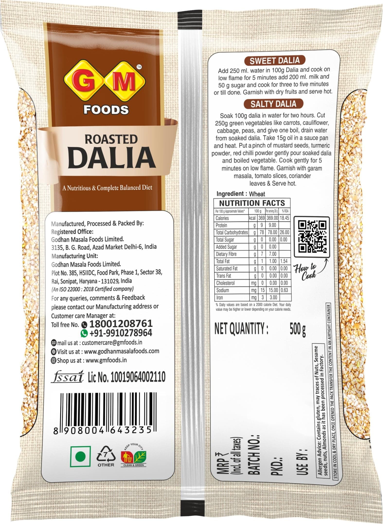 GM Foods Roasted Dalia 500 Gram | Daliya/Broken Wheat | Quick & Instant Healthy Meal for Breakfast | High in Fiber, Protein & Essential Nutrients | Easy to Cook | No Added Colours & Preservatives — image 2