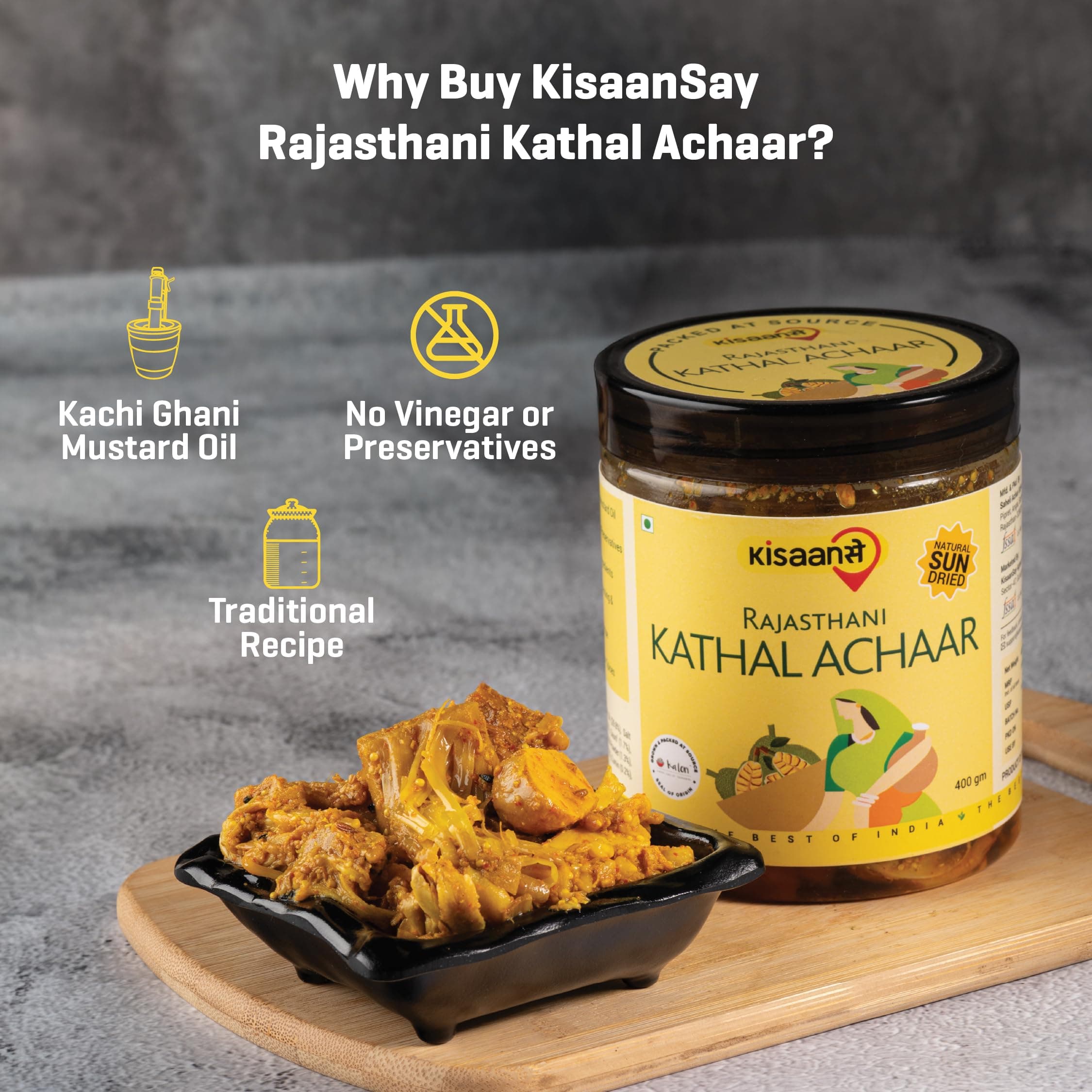 KisaanSay Jackfruit Pickle| Katahal ka Achar | Kathal achaar | 400 GM | Traditional Spicy & Tangy | No Preservatives, No Vinegar | Made in Pure Mustard Oil | Sun-Dried | Homemade Taste | Plastic Jar | No Onion & No Garlic | hodale | palapazham | chakka | kanthal | — image 6