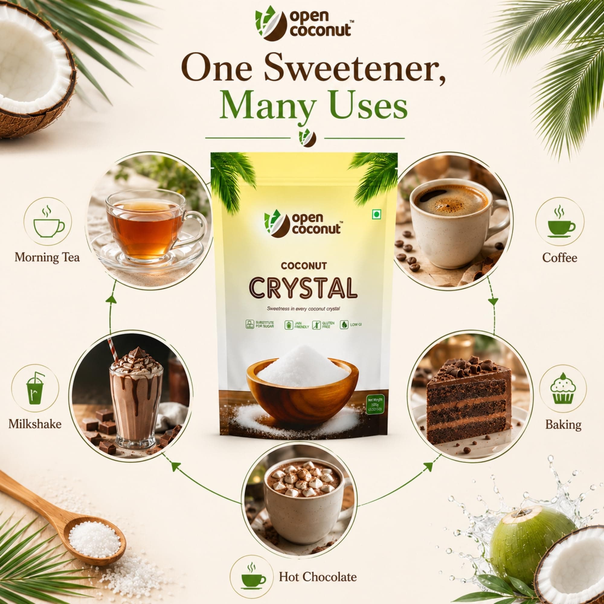 Open Coconut CRYSTAL 100g x 1 Pack - Jain Friendly | Natural Sugar Sweetener Substitute | Low Glycemic Index | Gluten, Sugar, Preservative Guilt Free | Perfect for Cake, Baking, Hot Chocolate, Milkshakes & More — image 9