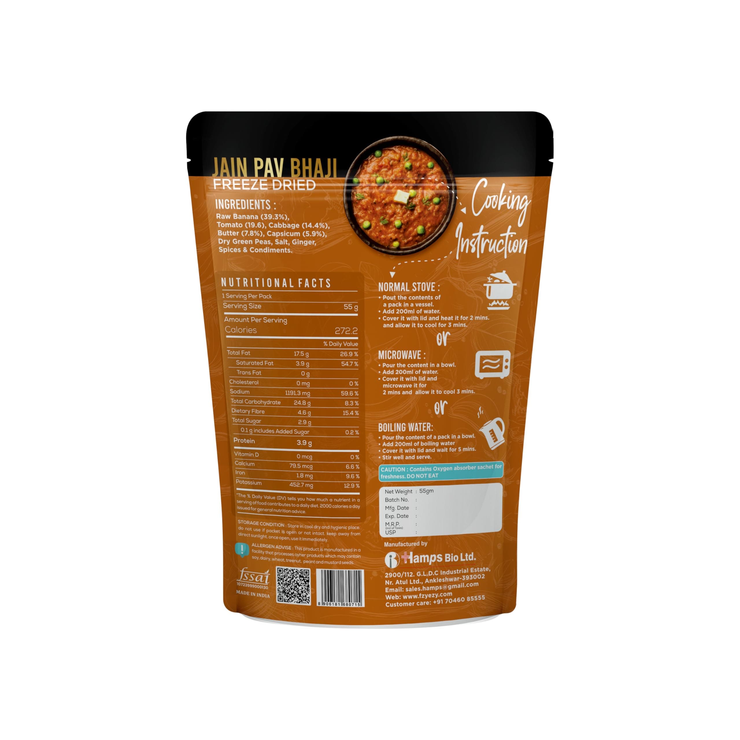 FzyEzy Freeze-Dried Jain Pav Bhaji – 55g | Indian Classic Snack Delight | No Onion, No Garlic | Pure Veg | Gluten-Free | Preservative-Free | Instant Mumbai Street Food — image 2