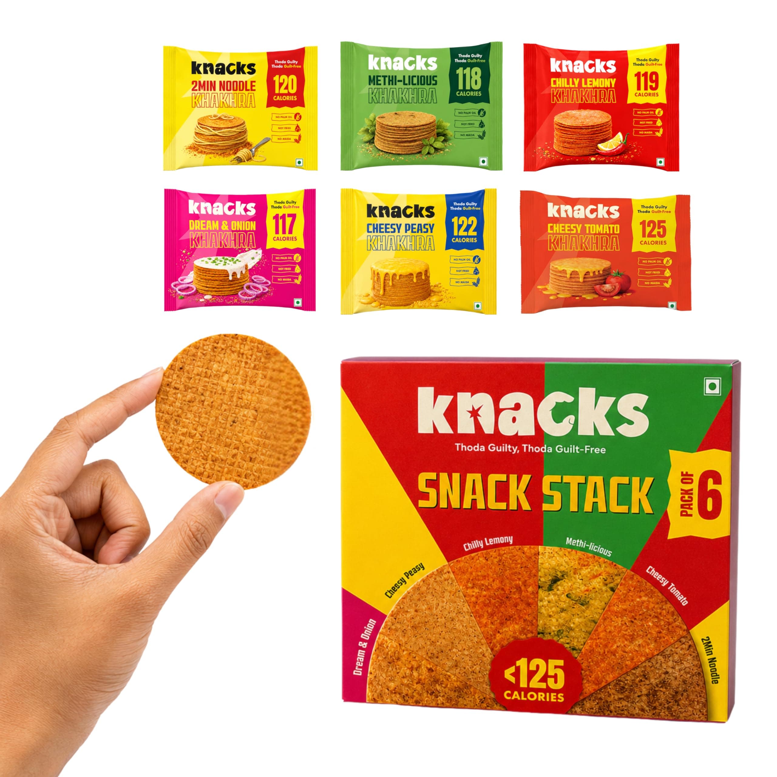 Knacks The Full Knacks Khakhra Chips Variety Pack | All 6 Flavours Coin Khakhra, 6 x 30g | 117-125 Calories Per Pack | Healthy Snack Gift Box | No Palm Oil, No Maida, Not Fried | High Protein — image 2