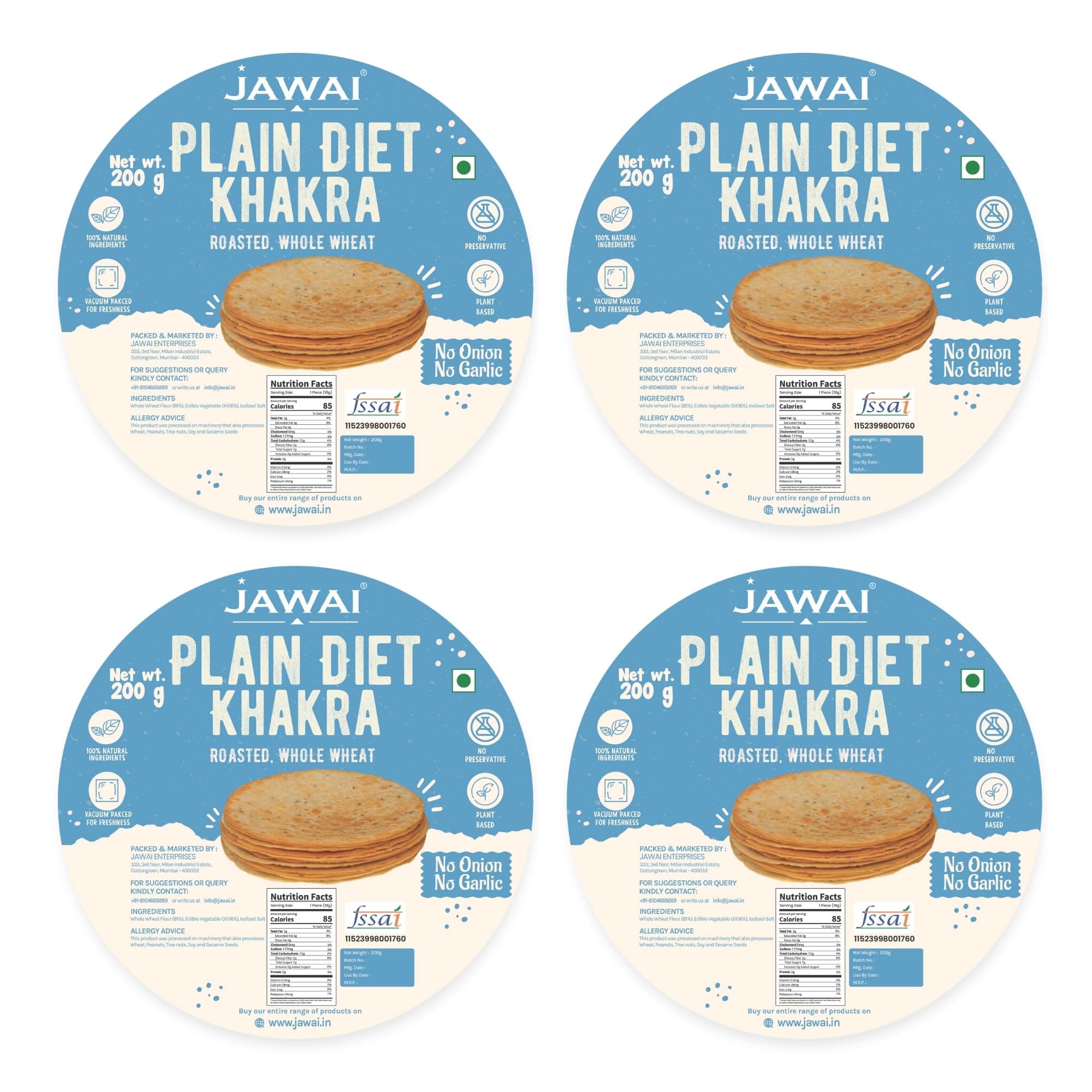 JAWAI ROASTED WHOLE WHEAT KHAKRA COMBO- Plain Diet Khakhra, No Onion - No garlic, Plant Based Roasted Snacks, Healthy Snacks, Vaccum Packed Indian Snack (Plain Diet Flavour),200 G